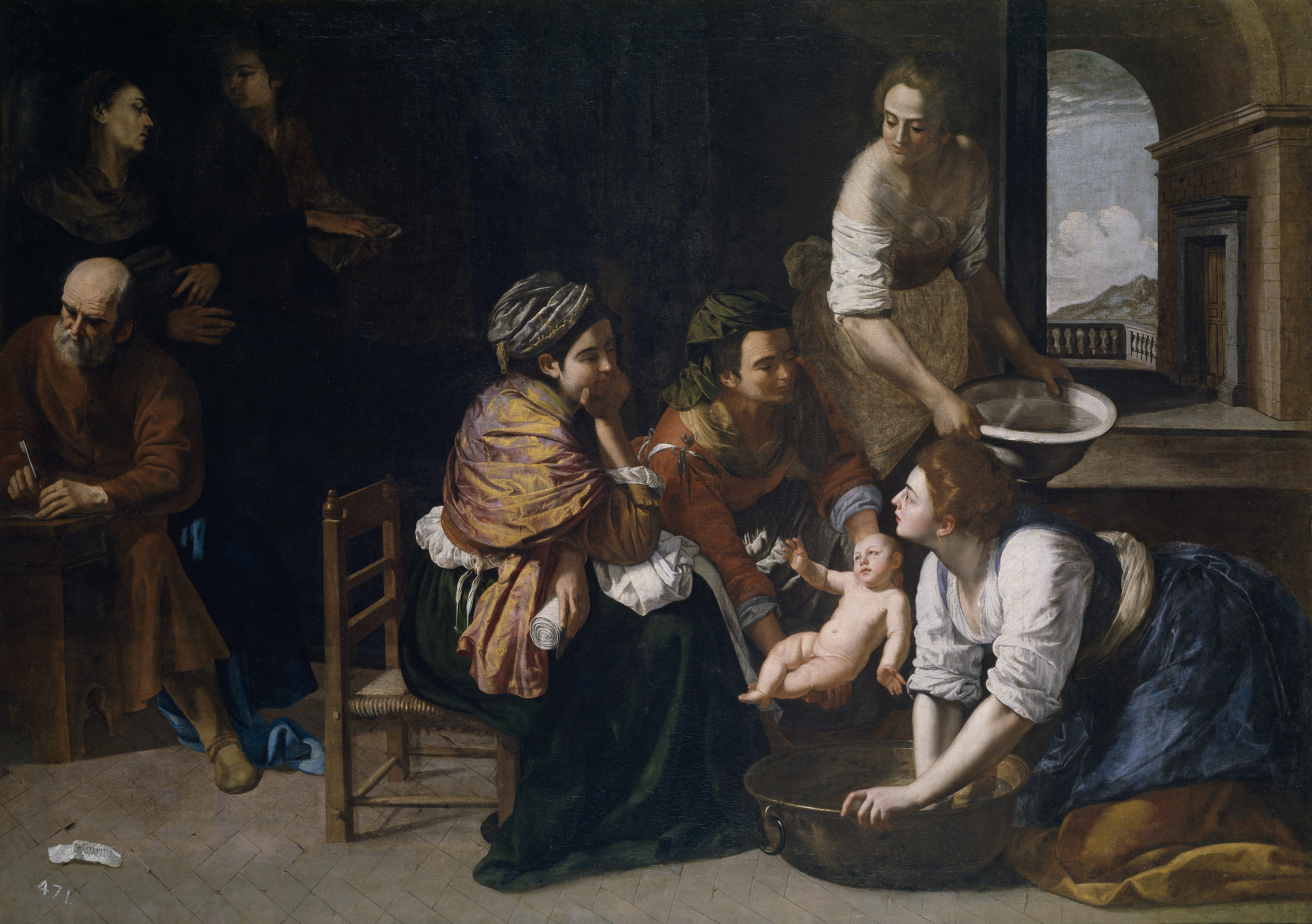 Women wash and tend the infant John in a stone room while Zechariah writes at the far left and Elizabeth rests in a bed behind them.