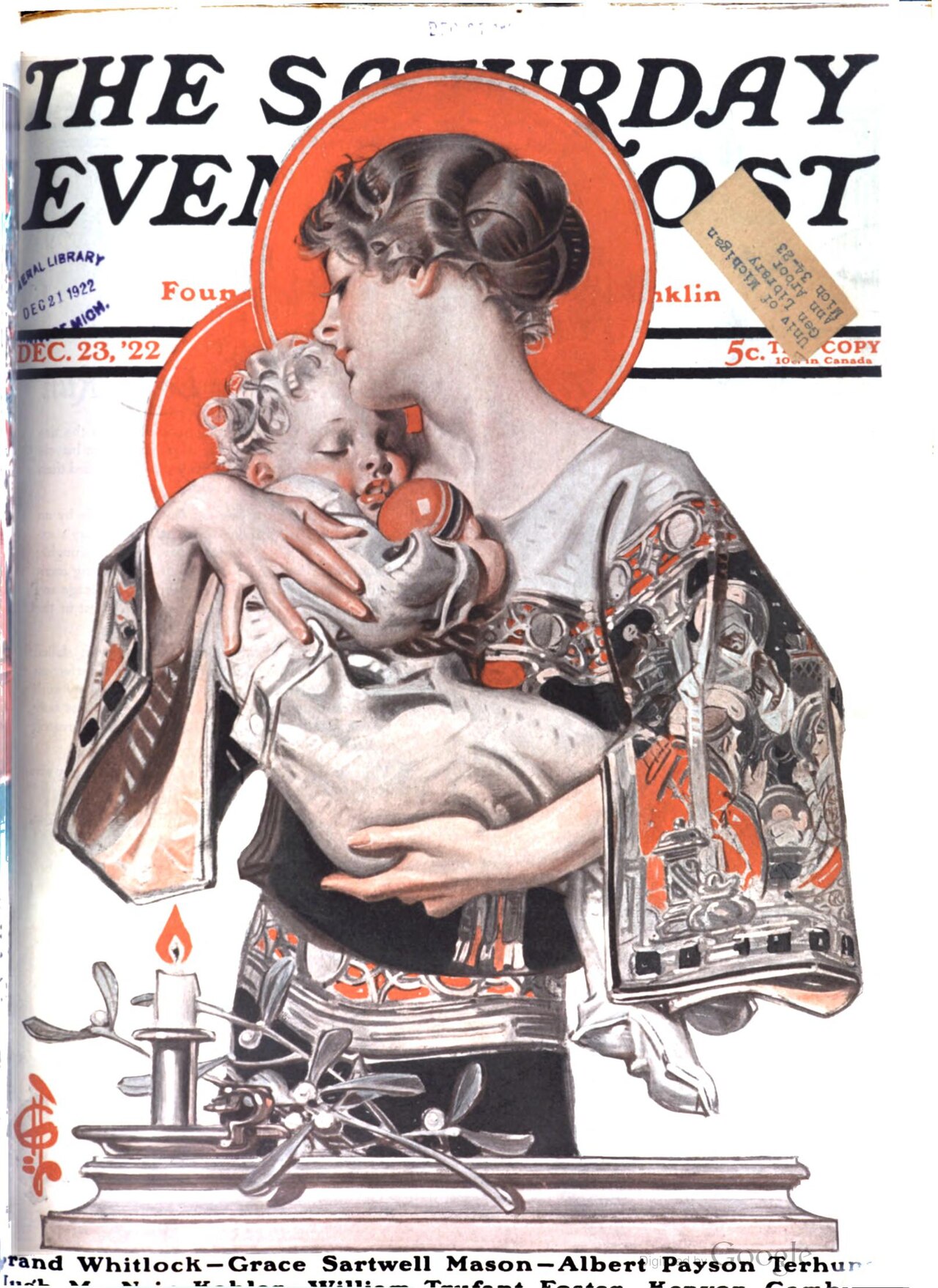 A magazine cover showing a mother holding a sleeping child, with circular haloes behind their heads and a candle on the table in front of them.