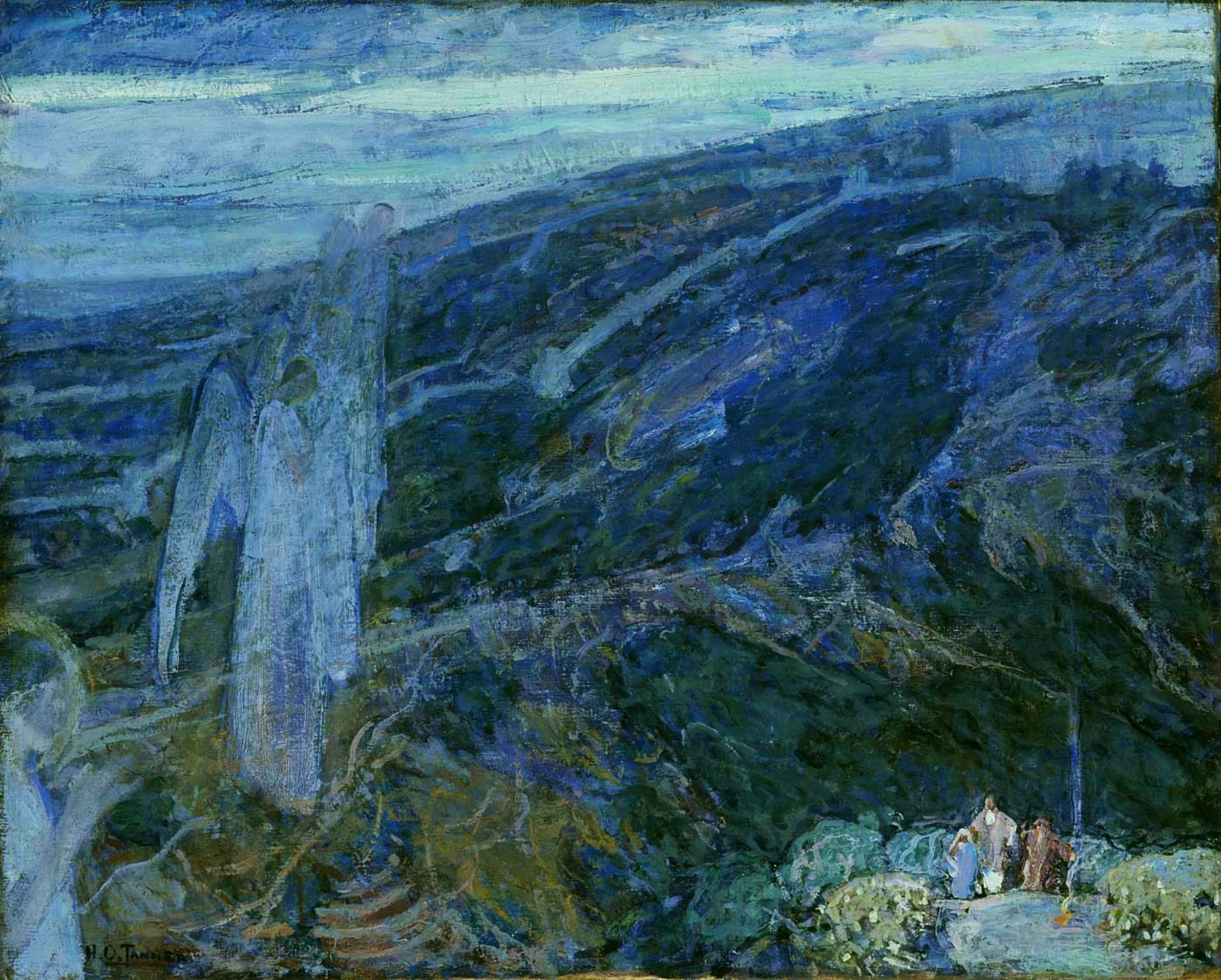 Pale, translucent angels hover above shepherds on a blue-green hillside at night.