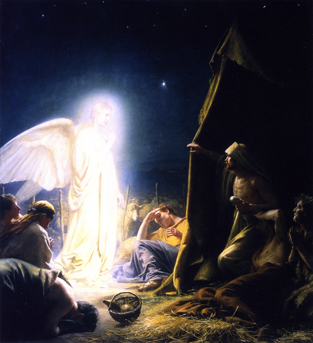 A radiant angel stands among shepherds beside a tent at night; the men kneel or shield their eyes from the light.