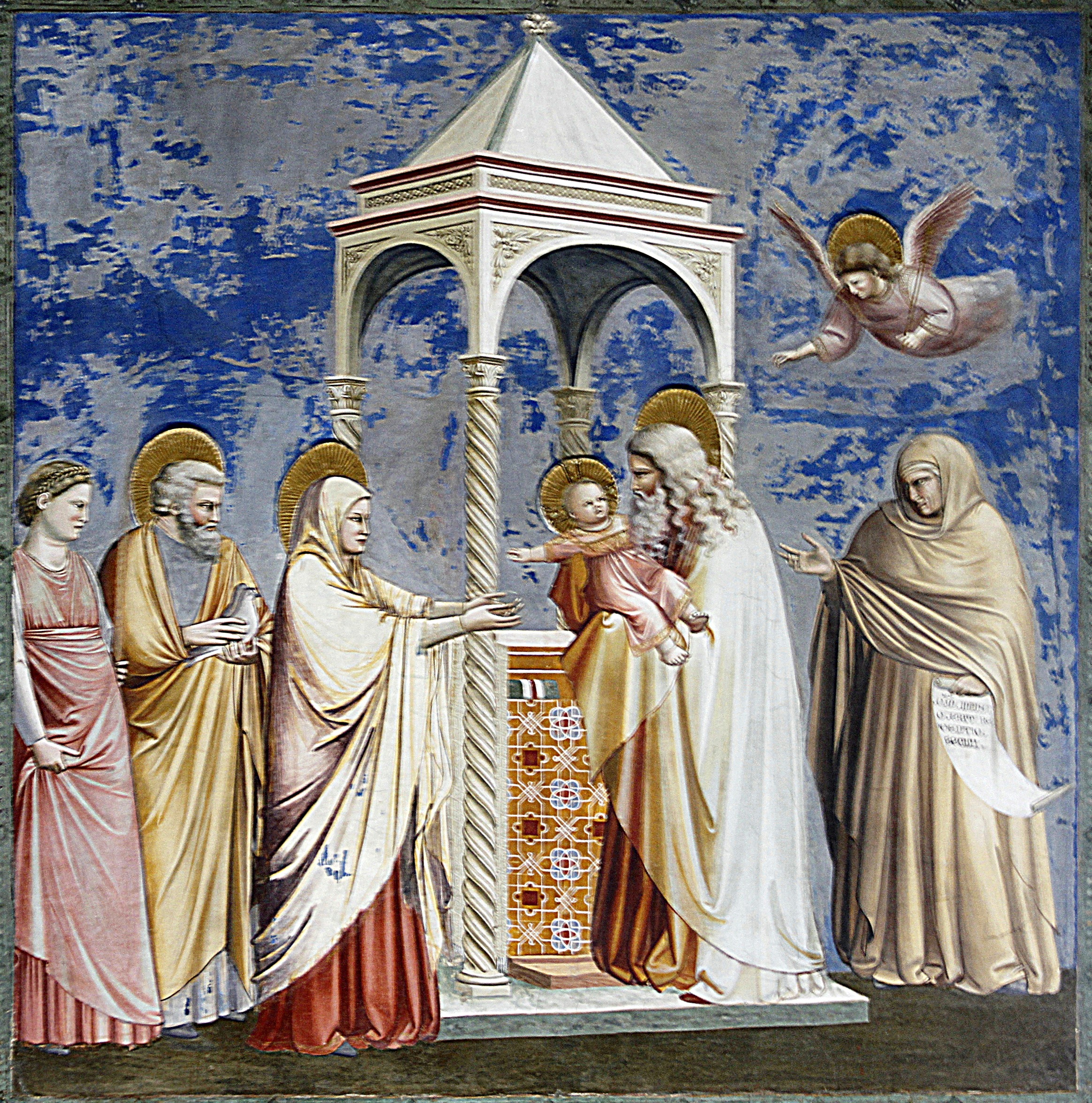 Simeon holds the infant Jesus beneath a small temple canopy as Mary reaches toward the child and Anna stands nearby.