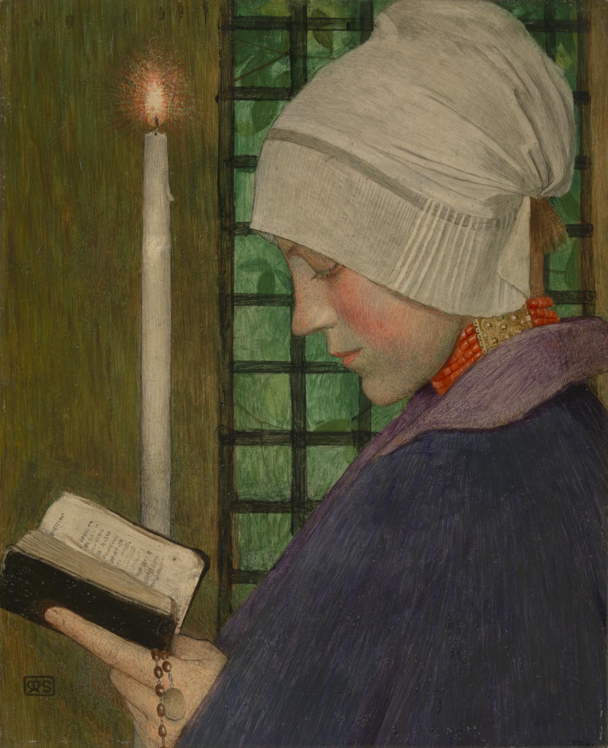 A woman in a white headdress reads a book by a narrow window, holding a rosary beside a lit candle.
