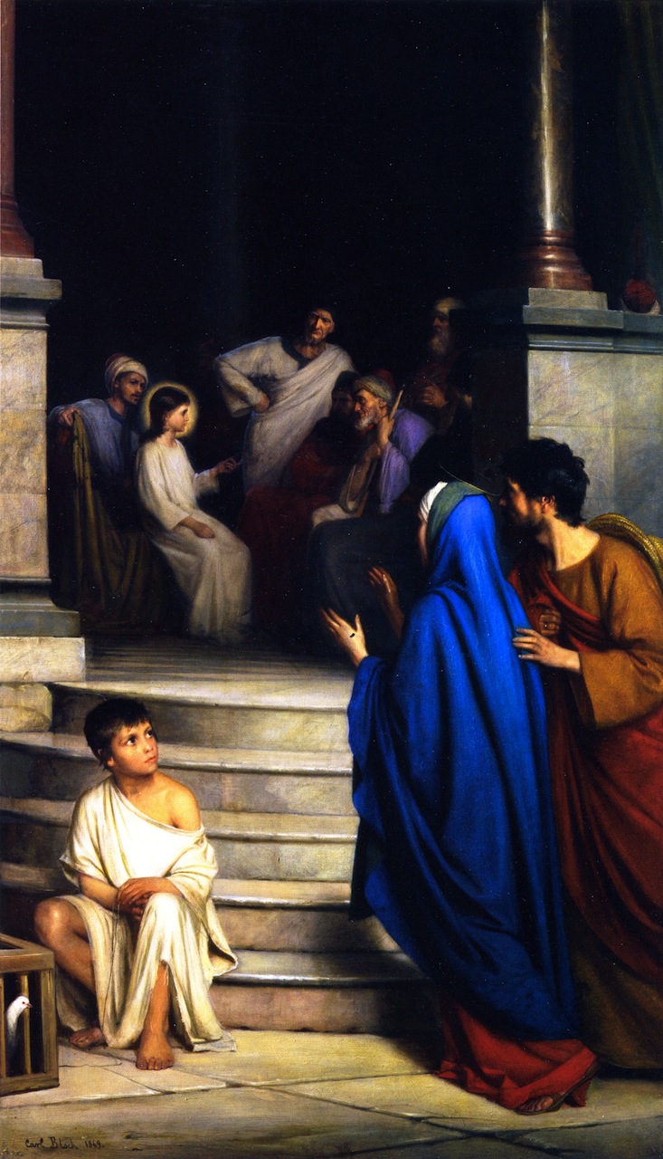 The young Jesus sits among teachers above a flight of steps while Mary and Joseph approach from below.