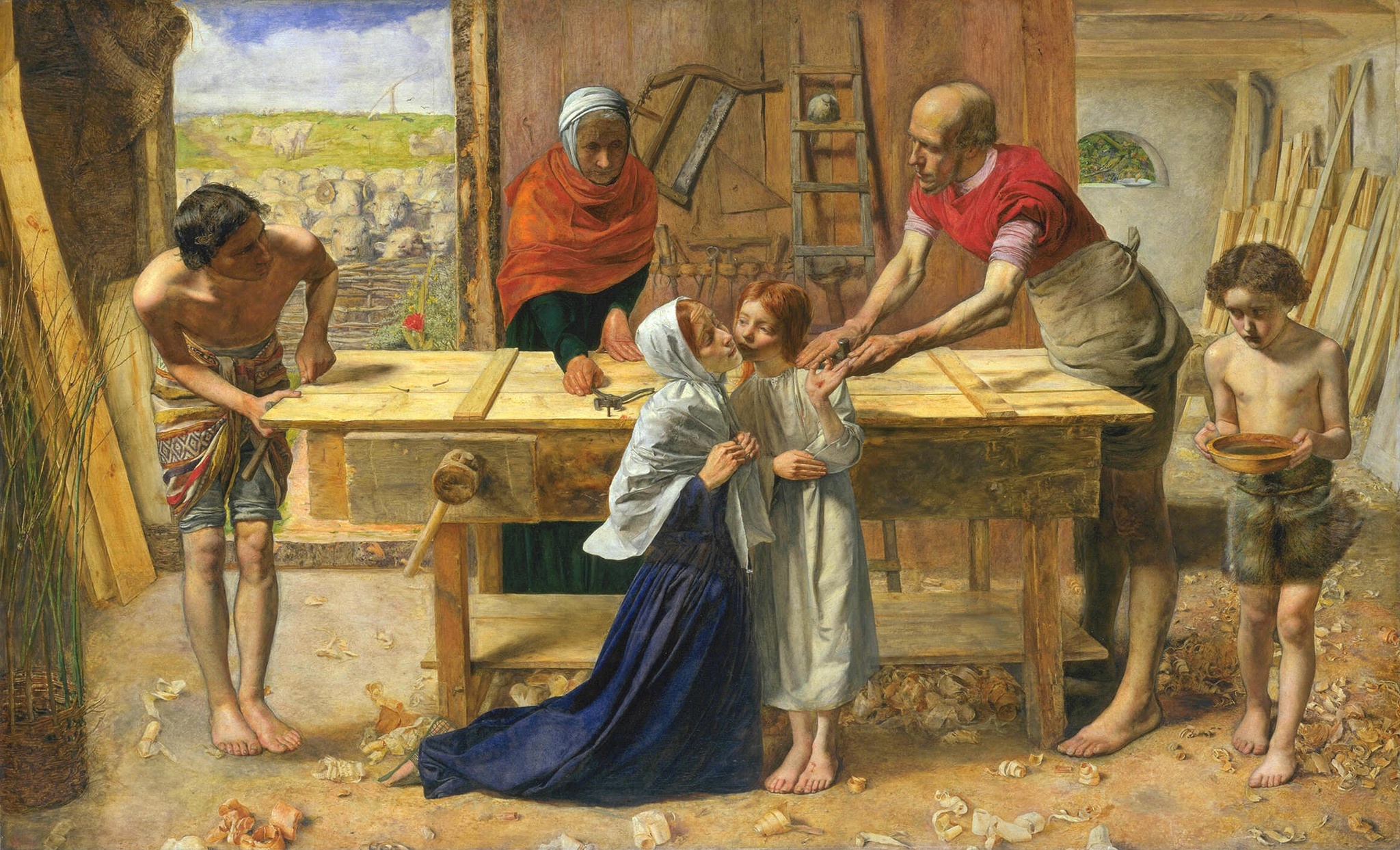 The young Jesus shows his injured hand in Joseph’s carpentry shop while Mary kneels beside him and a boy carries a bowl of water.