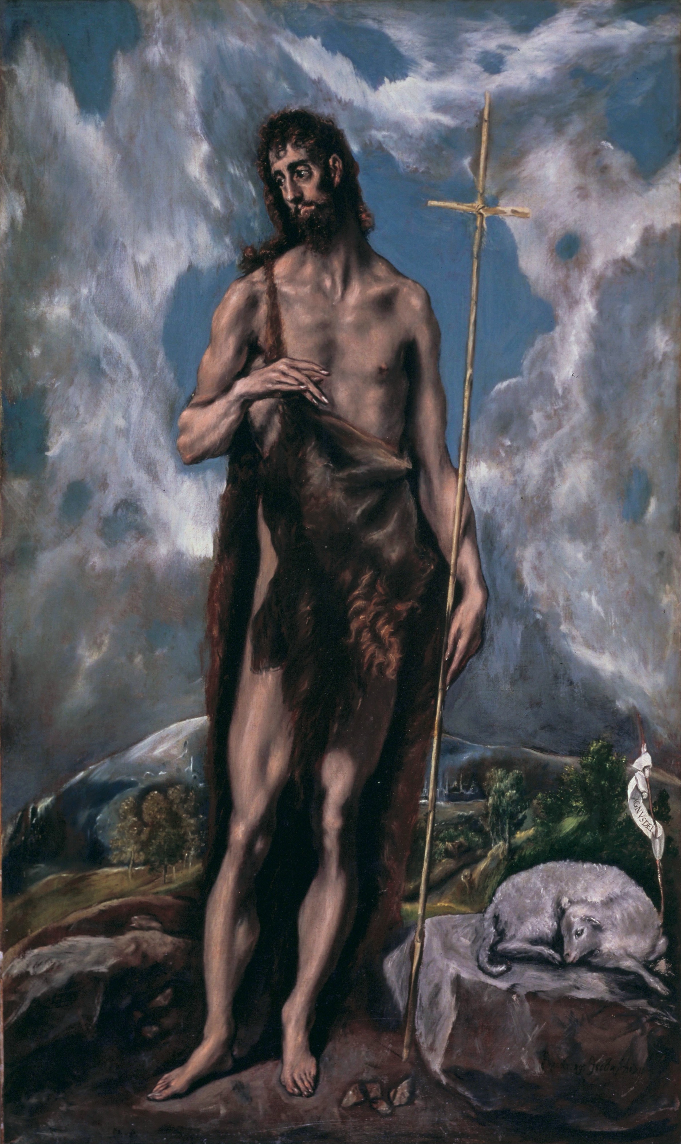 John stands with a reed cross beneath a turbulent sky, with a lamb resting on a rock at his side.
