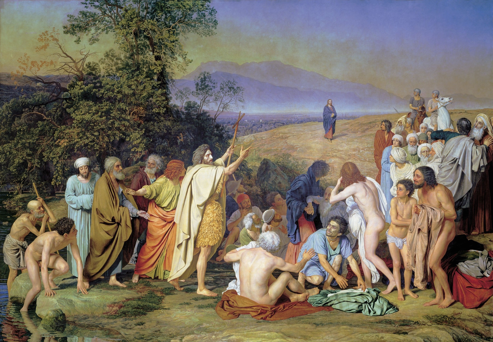 John the Baptist points toward a distant Christ while a varied crowd gathers beside the water.
