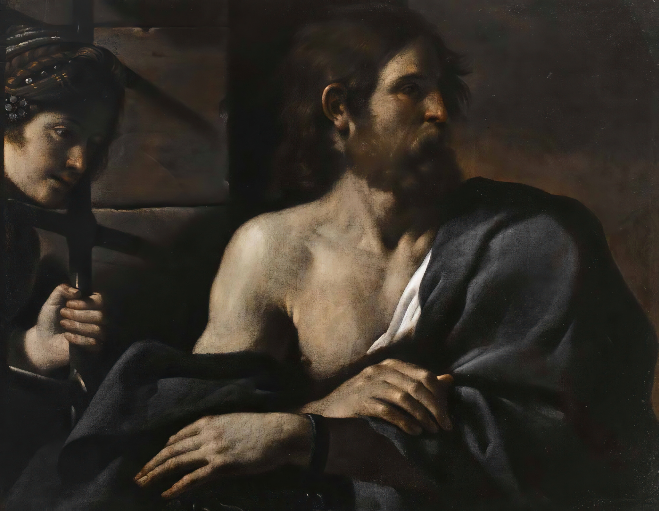 A bearded John turns away from a jeweled woman peering through prison bars, his hands resting across a dark mantle.