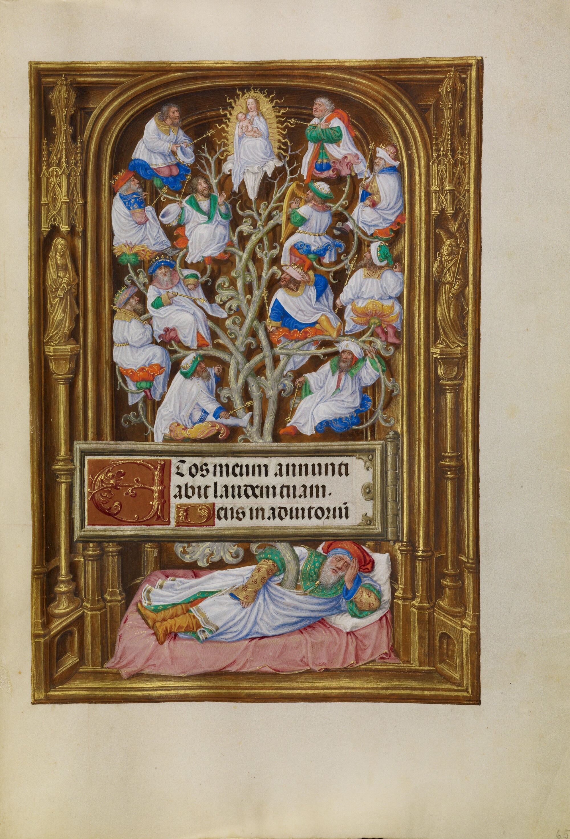 A branching tree filled with crowned ancestors rises from a reclining Jesse to the Virgin and Child, within an illuminated manuscript page.