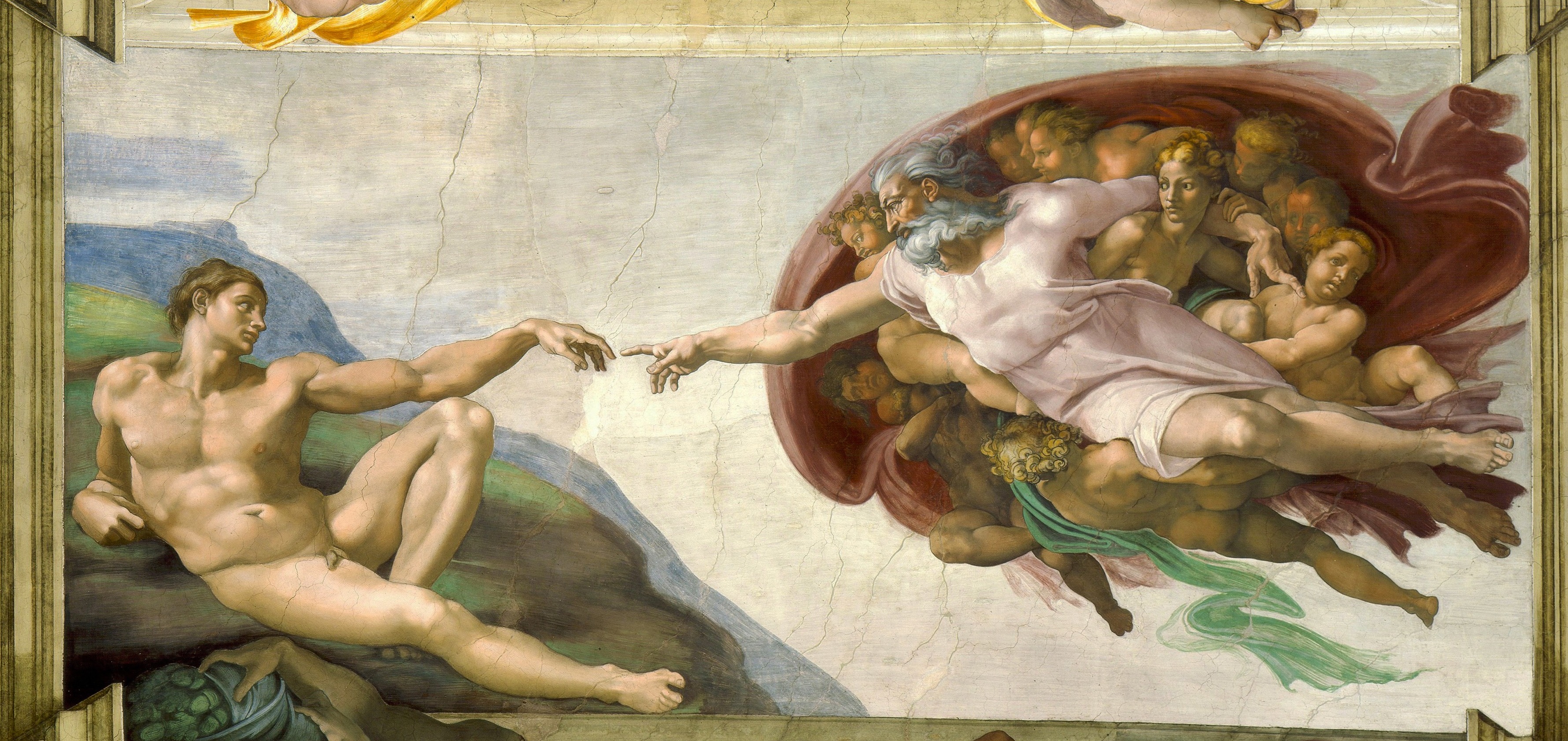 Adam reclines at the left and extends his hand toward God, who approaches surrounded by figures in a billowing mantle.