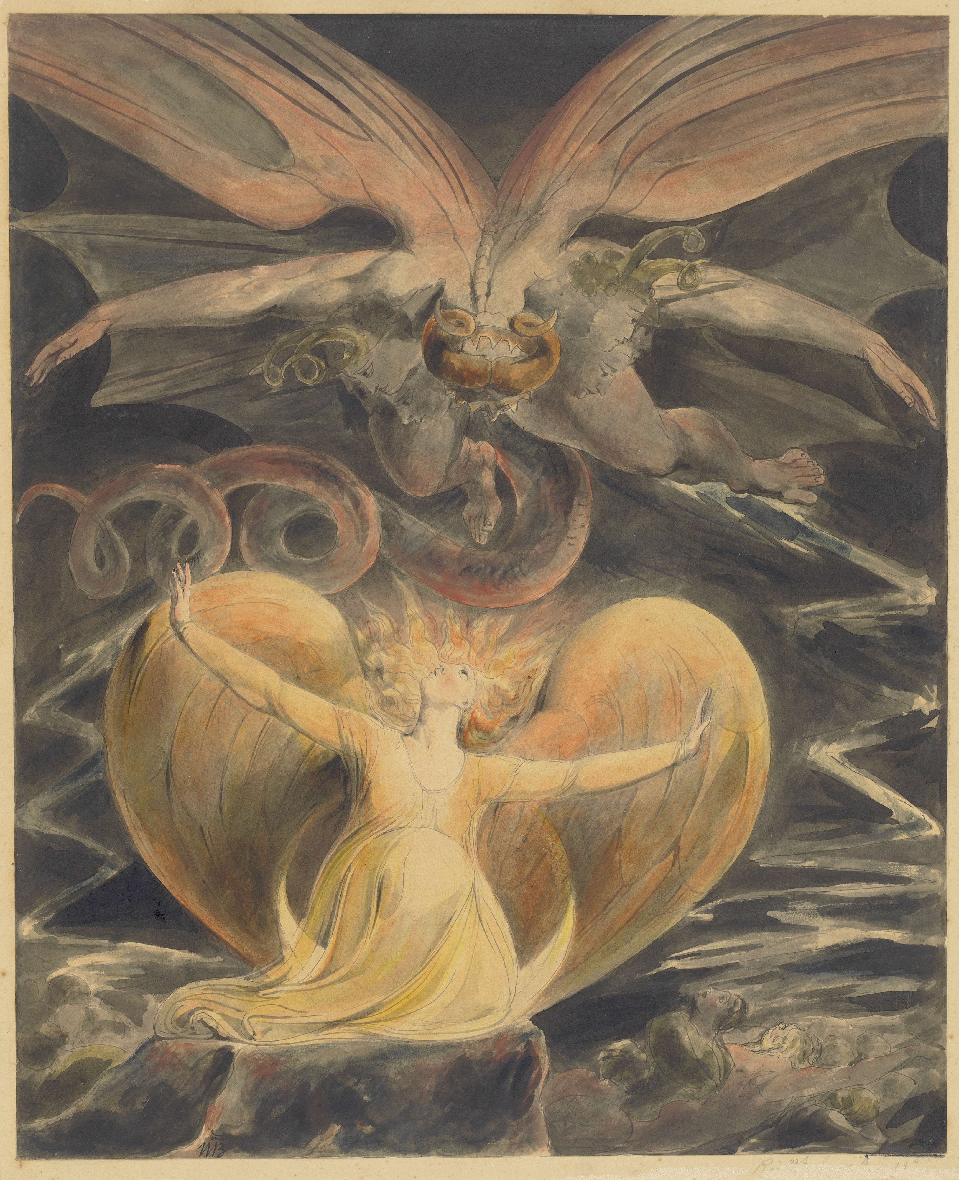 A many-headed winged dragon hovers over a luminous woman with outstretched arms and golden wings amid dark, rolling clouds.