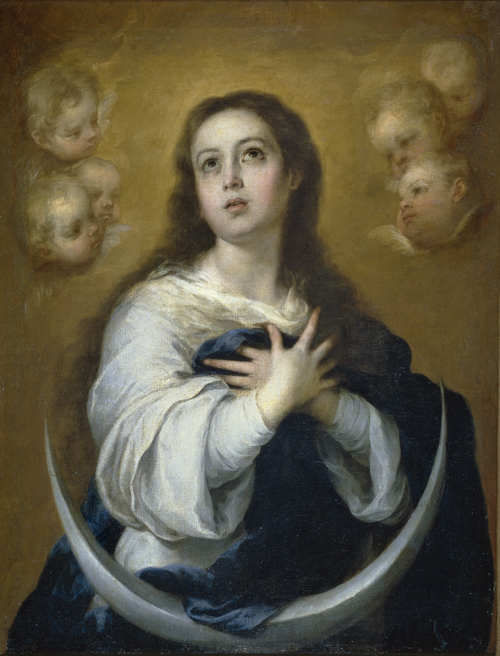A young woman in white and deep blue looks upward with crossed hands over her chest; a silver crescent curves across the foreground and six winged heads surround her.