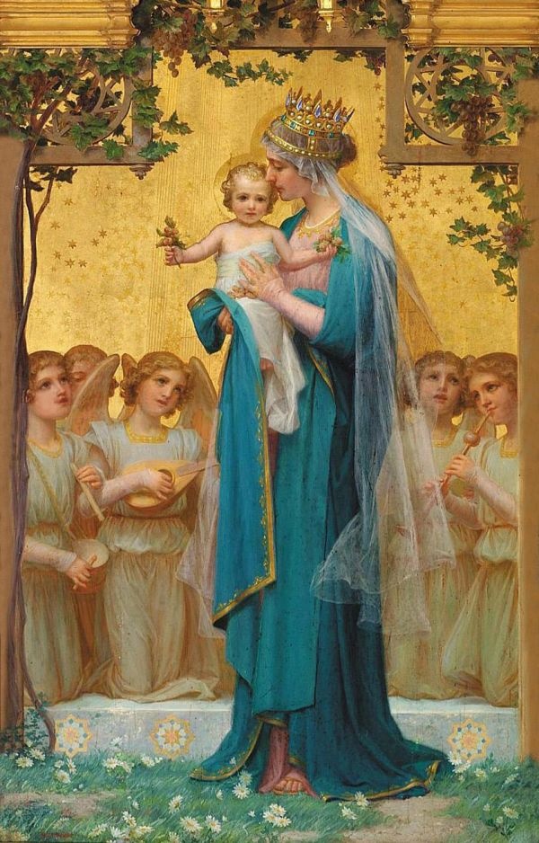 A crowned Madonna in a turquoise mantle holds the Christ Child before a gold background, with a row of angels behind her and flowering vines above.