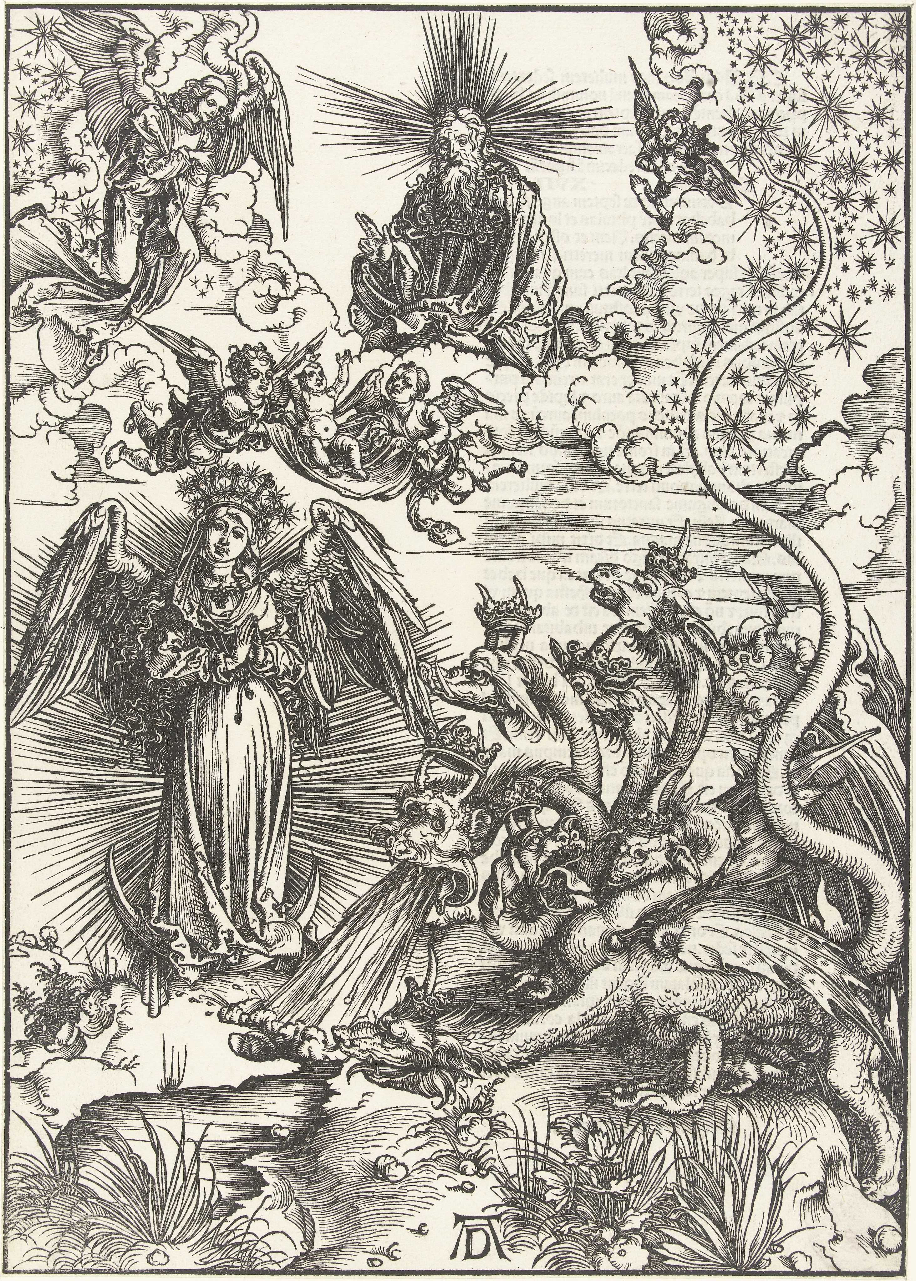 A woodcut shows a radiant winged woman at left, a seven-headed dragon at right, stars caught along its curling tail, and angels lifting a child toward heaven.
