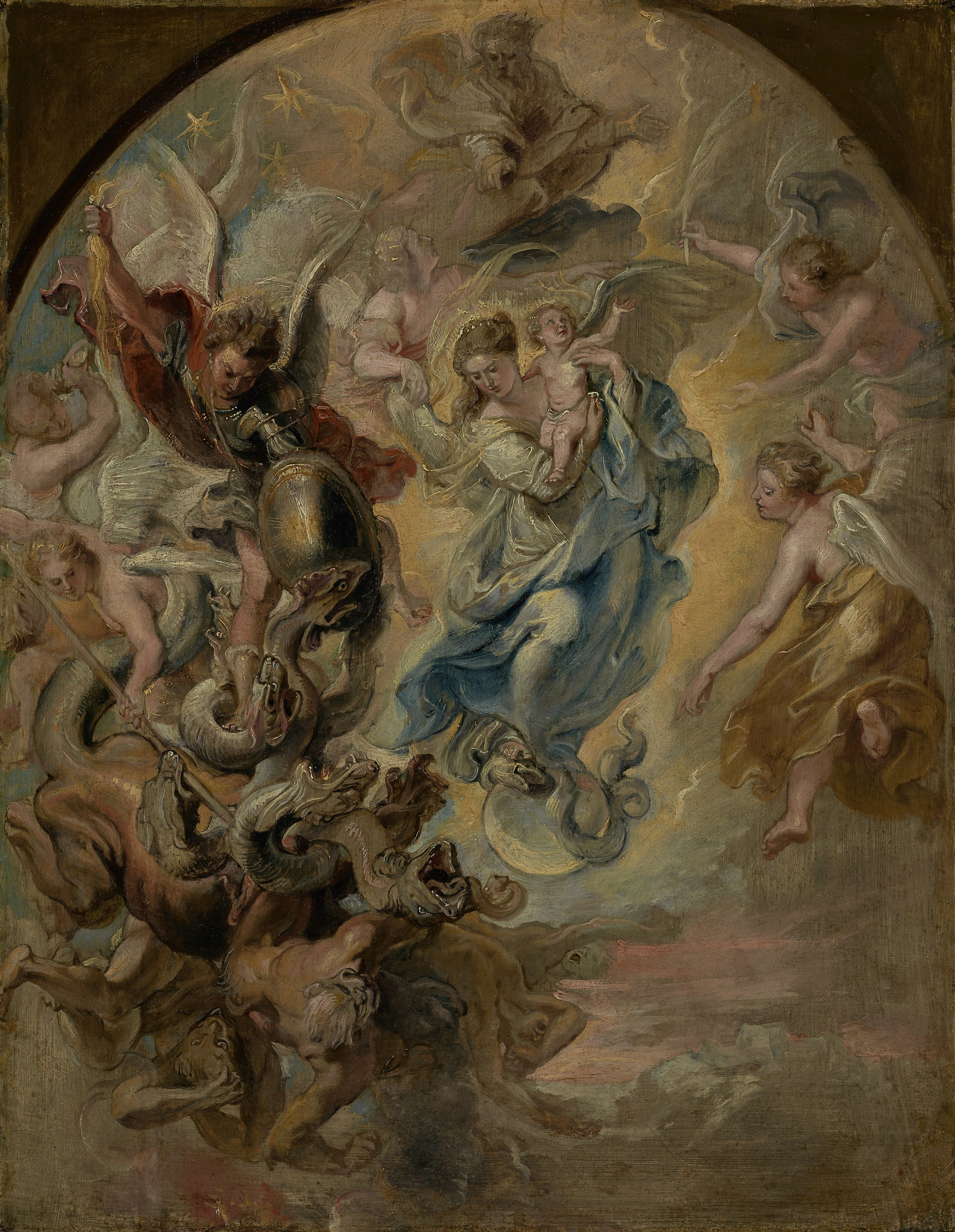 In an arched oil sketch, the woman in blue rises with the child amid angels, while a red-cloaked Michael and other angels battle a dragon and falling figures.