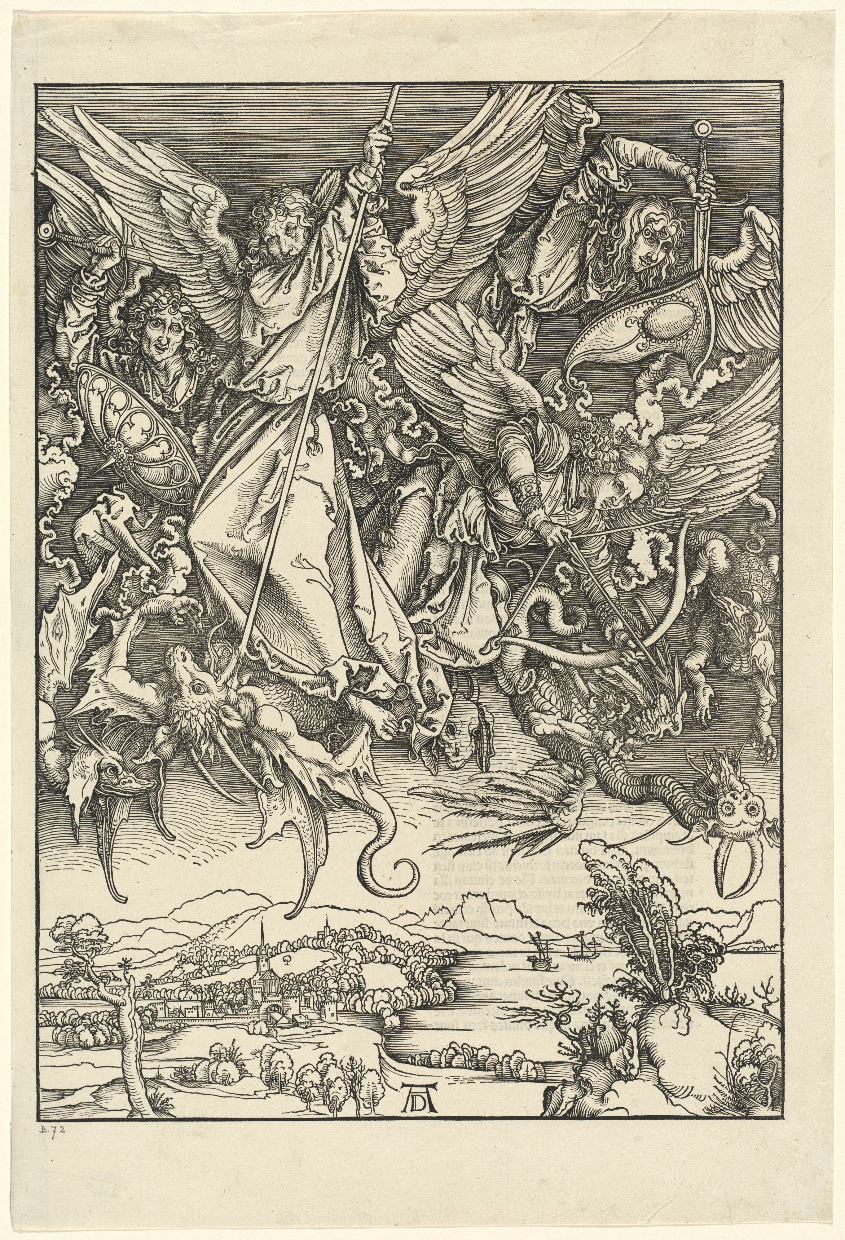 In a woodcut, Michael braces a long spear against a dragon as other armed angels fight above a quiet landscape of hills, water and buildings.