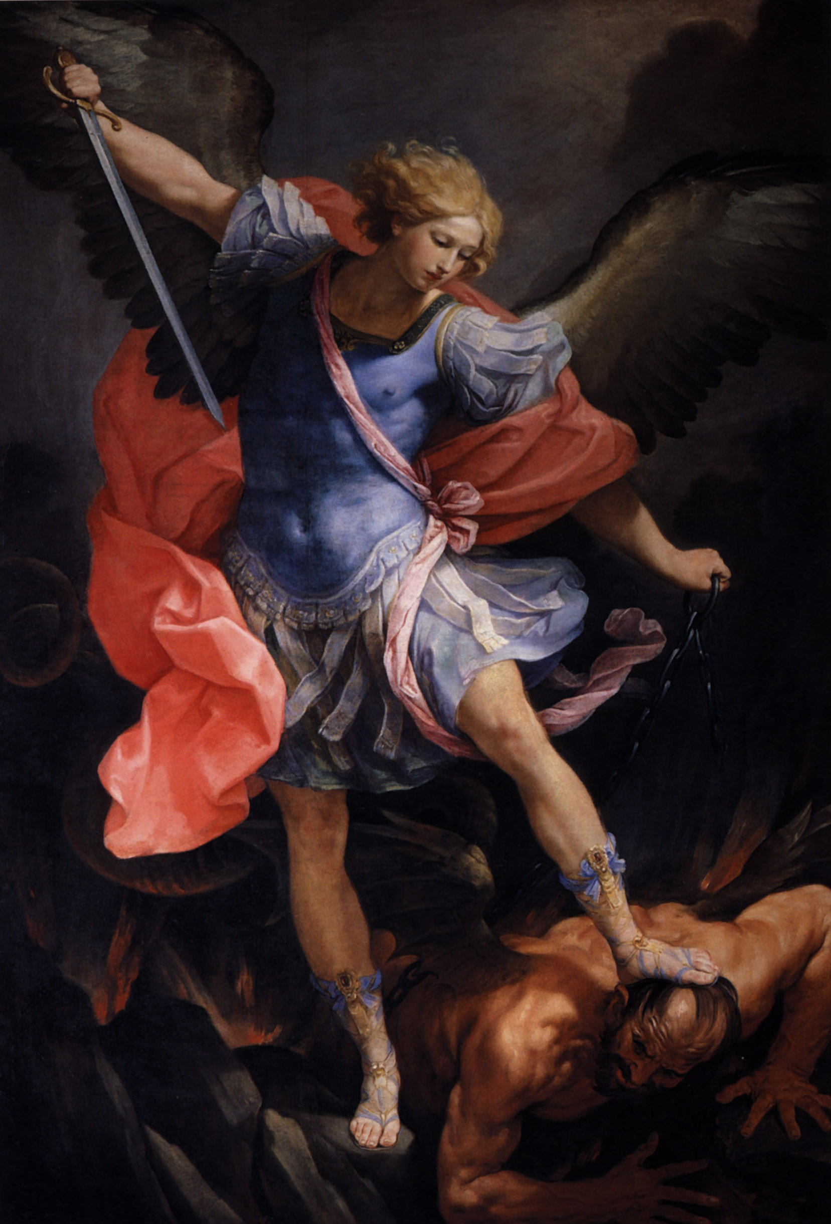 Michael in blue armor and a red cloak angles his sword downward, holds a chain in his left hand, and presses one foot on Satan’s head.