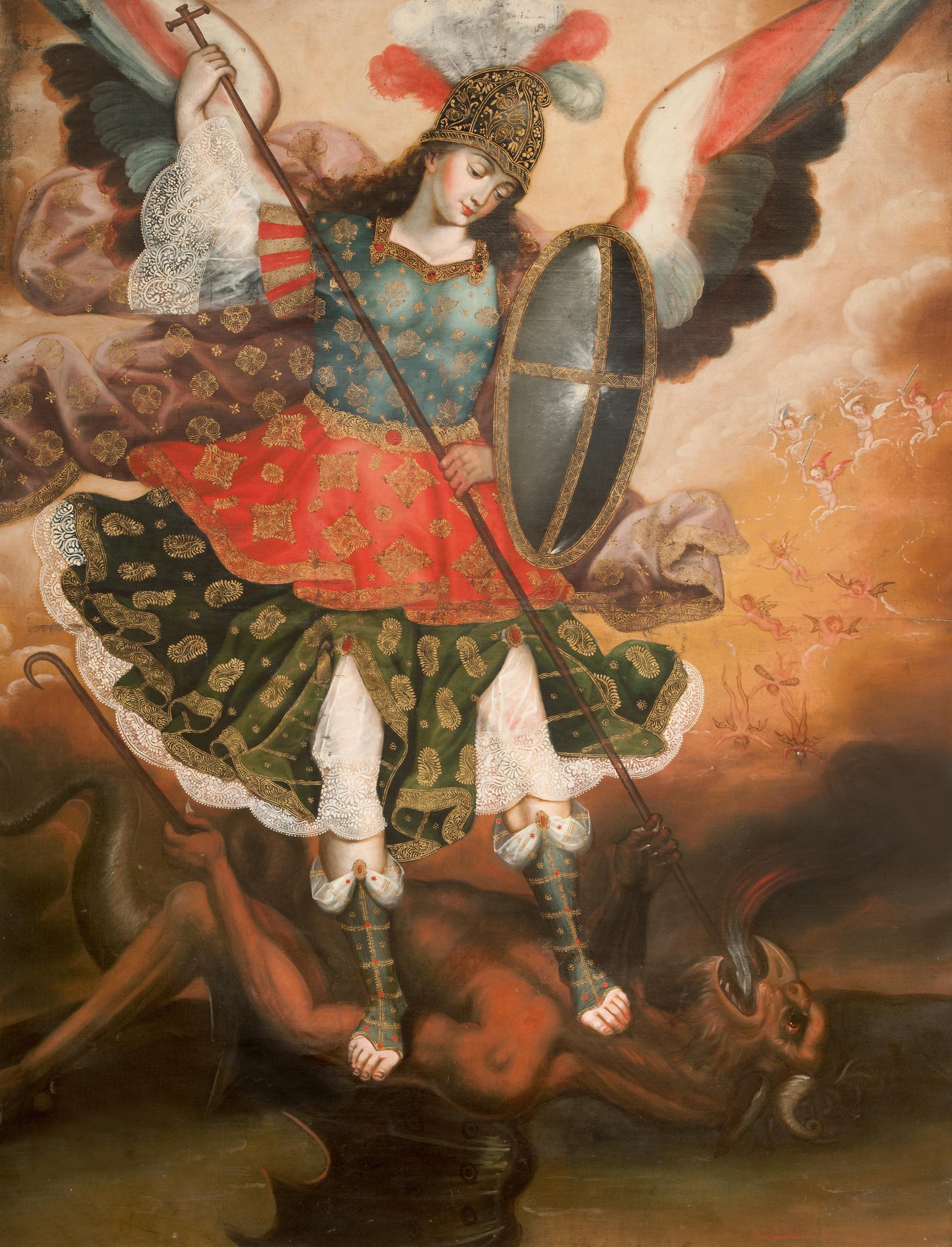 Michael wears a feathered helmet, ornate blue armor and a red-and-gold skirt, driving a long cross-topped spear downward beside an oval shield toward a defeated horned figure.