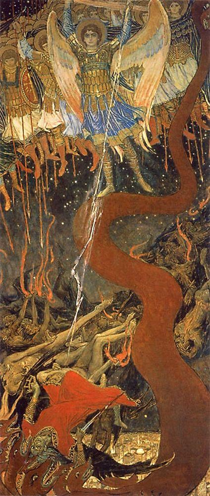 A tall composition shows a golden-winged Michael holding a lightning-like spear above a huge red serpent winding through a dark city.