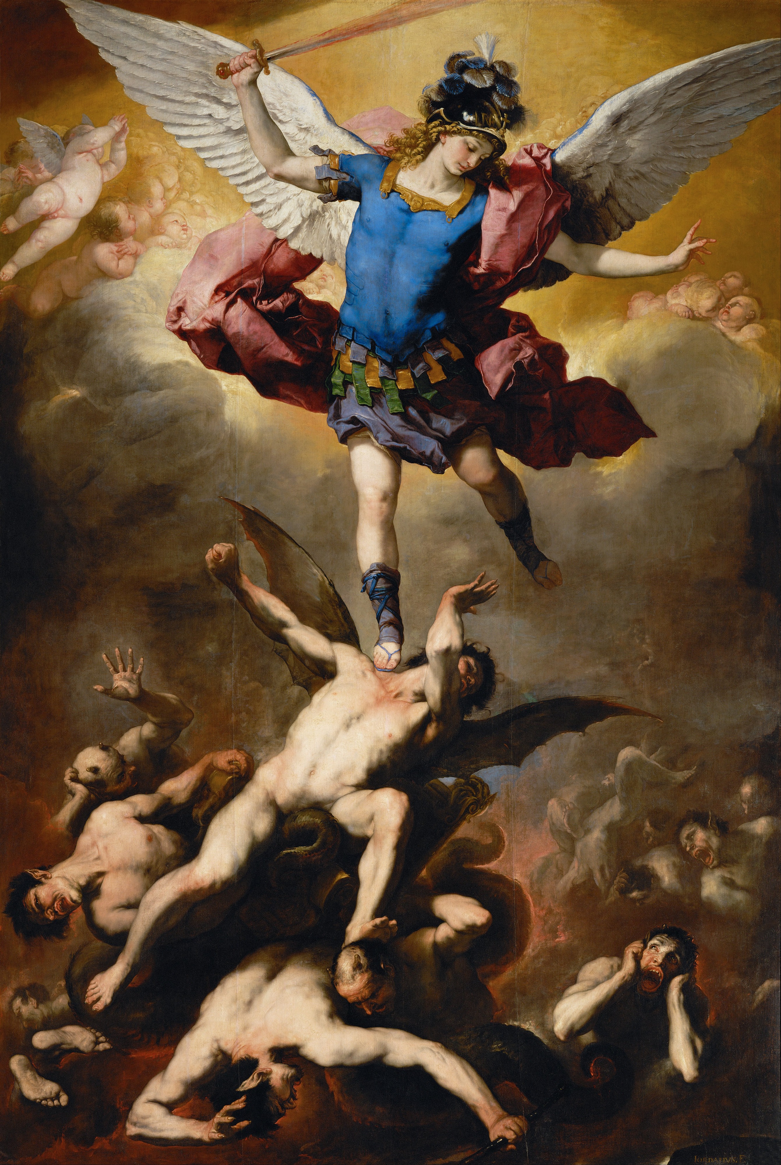 Michael in bright blue armor hovers against a golden sky with his sword raised and his free hand extended, above a twisting mass of falling bodies, dark wings and flame.