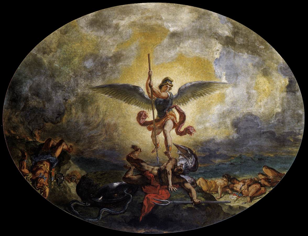 In an oval ceiling painting, Michael hovers with spread wings and bent knees, driving a lance downward toward a demon twisting against the rocks.