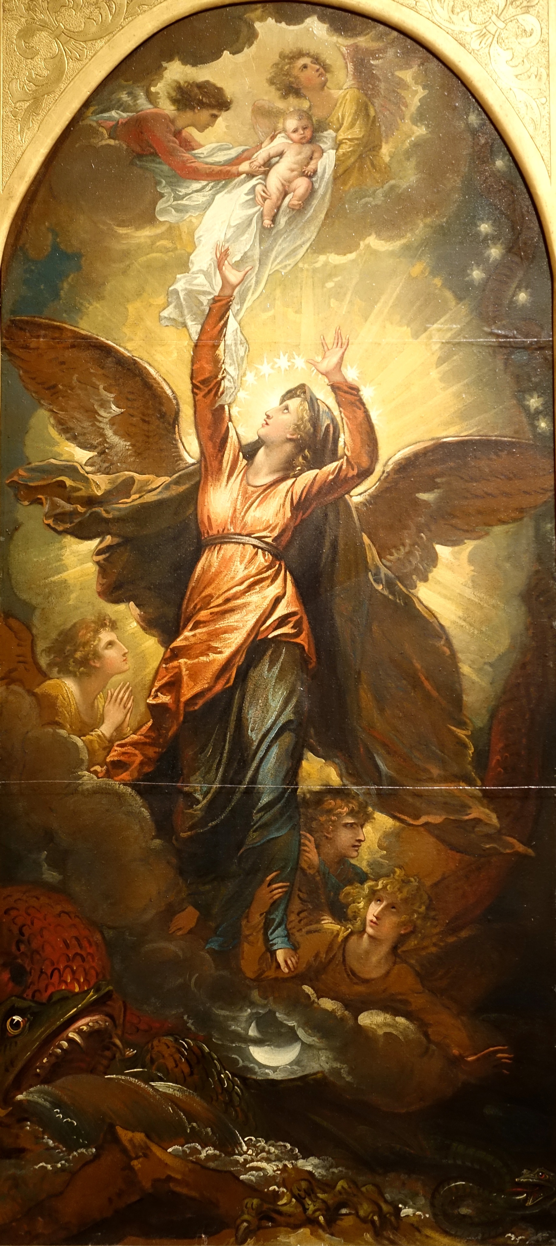 A winged woman rises in a golden radiance, reaching toward a child carried heavenward as a dragon twists below her feet.