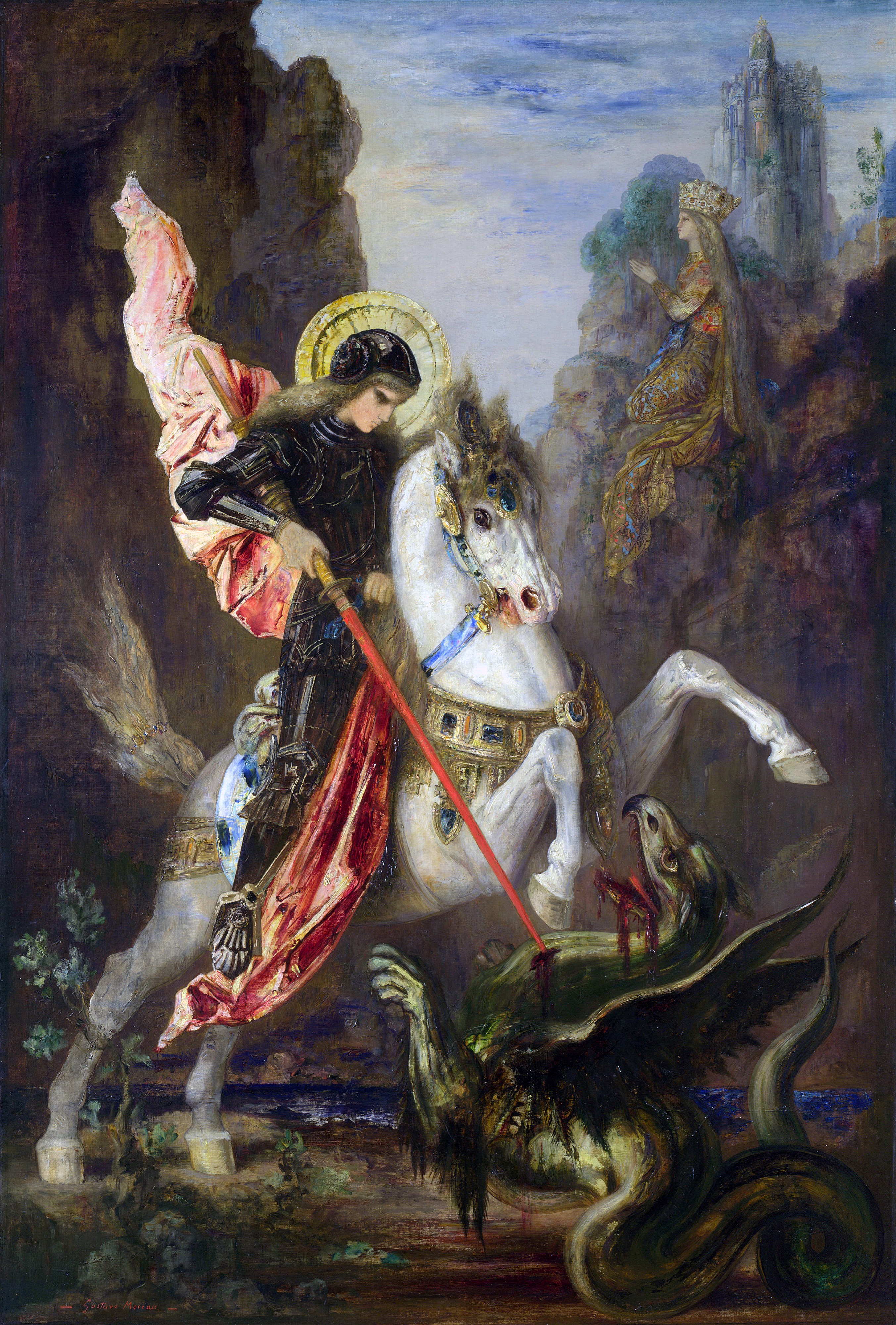 A haloed knight on a rearing white horse lowers his lance toward a dragon; a crowned princess sits praying on a ledge beneath a distant castle.