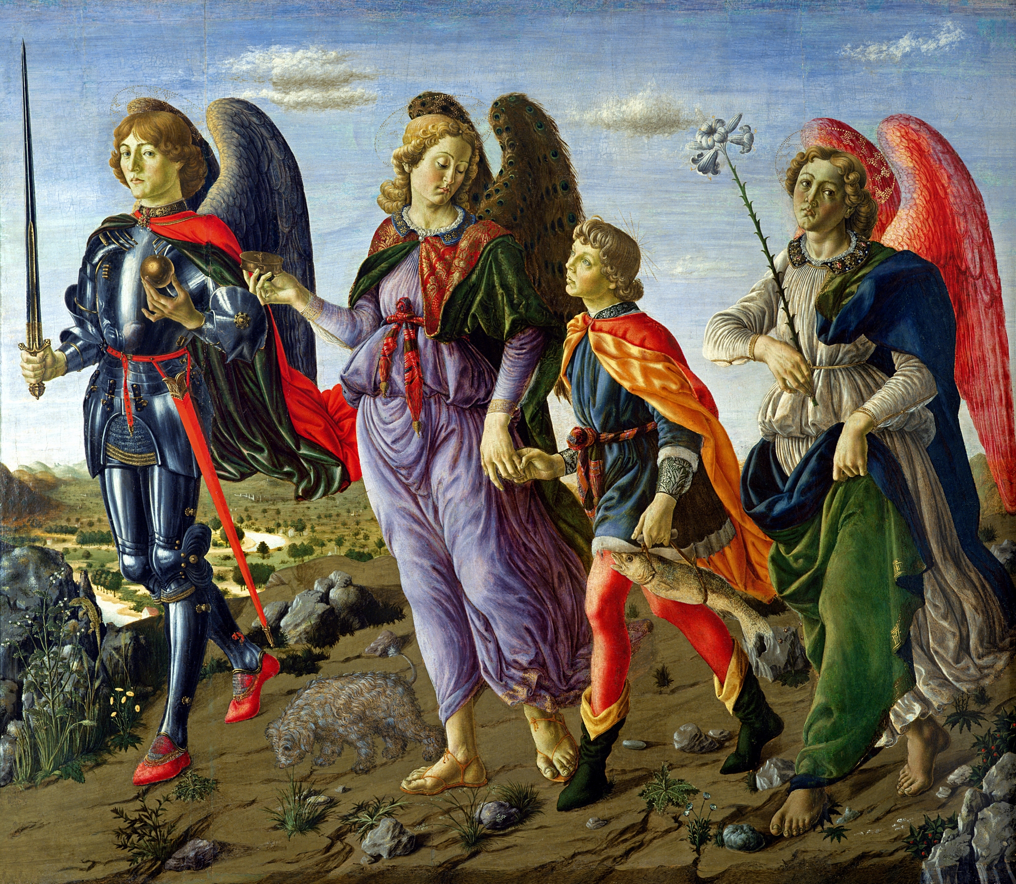 Tobias carries a fish and holds Raphael’s hand between three angels: Michael in dark armor with an upright sword at left, and Gabriel with a lily at right; a small dog sniffs the ground.