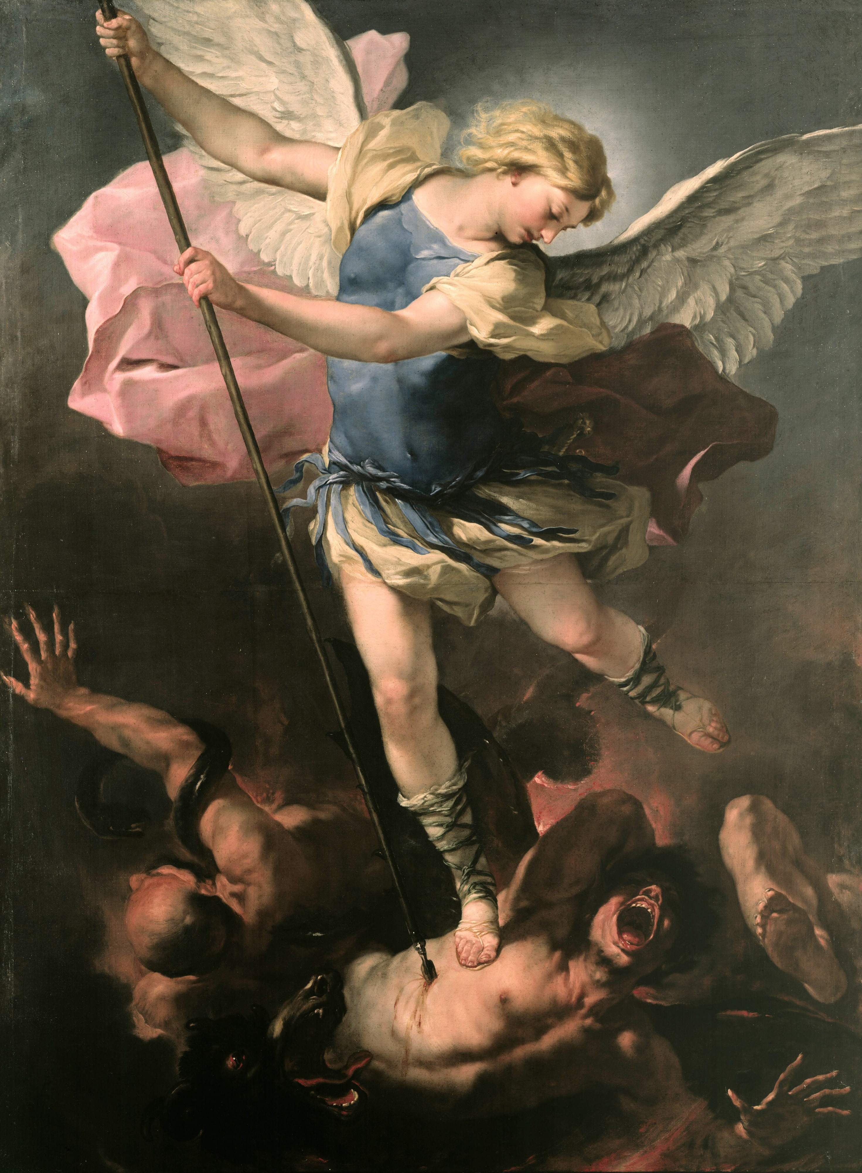 Luca Giordano’s pale-winged Michael looks downward and holds a spear in both hands above a screaming fallen figure and a dark, snarling beast.