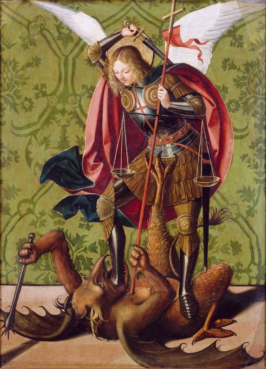 Saint Michael raises a sword and grips a cross-topped staff above a horned dragon; scales hang before his armor while the dragon clutches the staff and a spiked club.