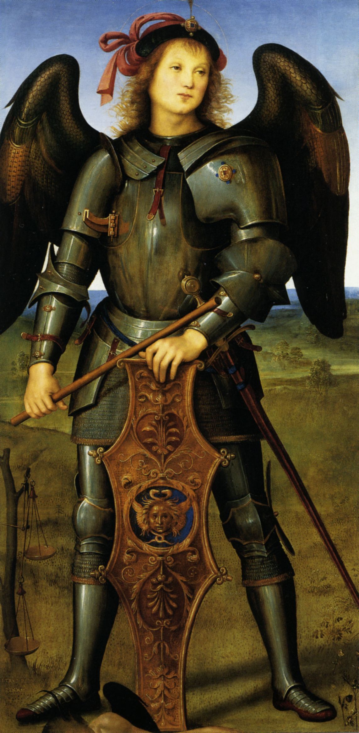 Perugino’s armored Saint Michael holds a baton across his body and rests a hand on an ornate shield; scales hang from a tree stump, and fragments of the defeated devil remain at his feet.