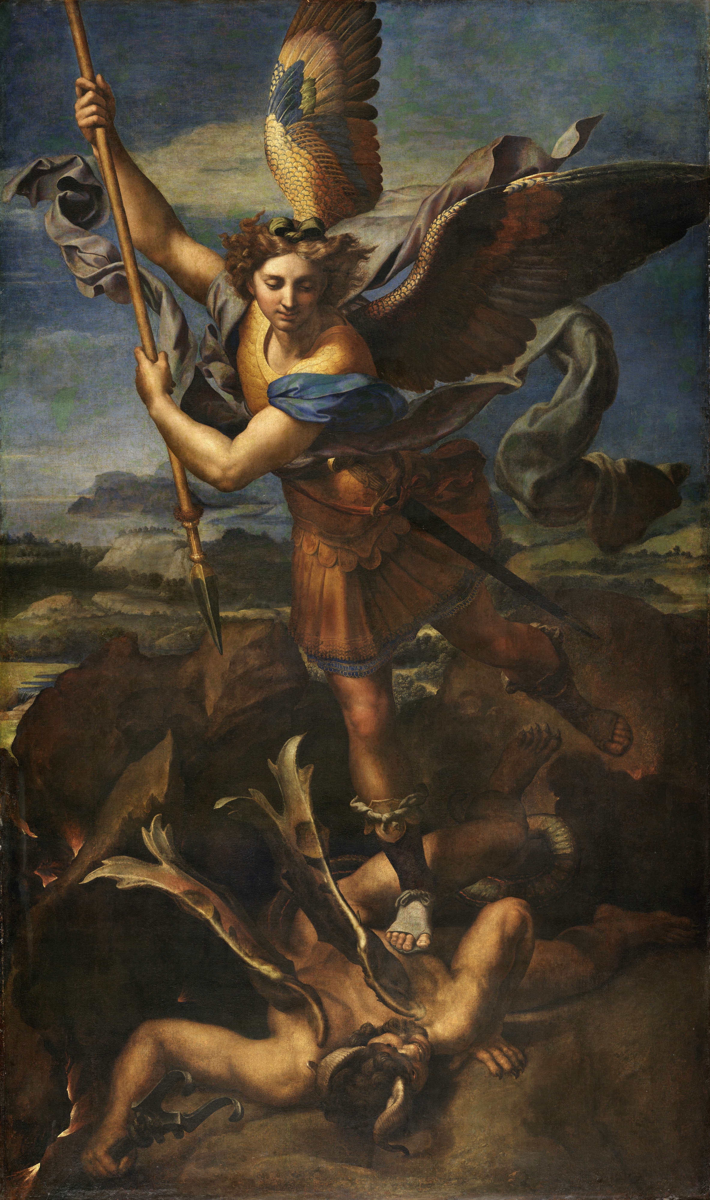 Raphael’s winged Saint Michael looks down calmly, gripping a spear with both hands above a horned demon pinned beneath his sandaled foot.
