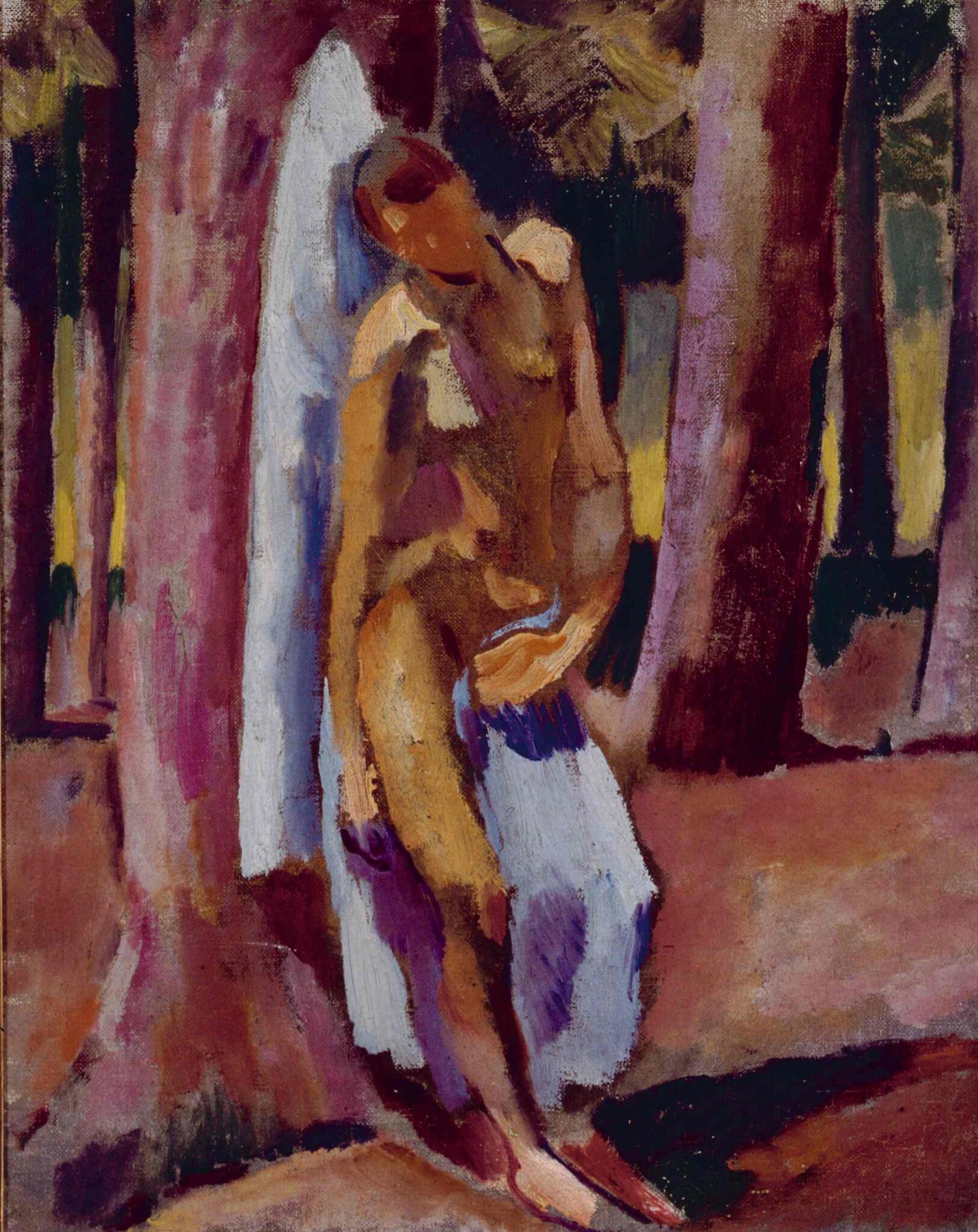 Sebastian leans against a tree with his head bowed, holding a blue cloth against his body amid violet trunks and pink ground.