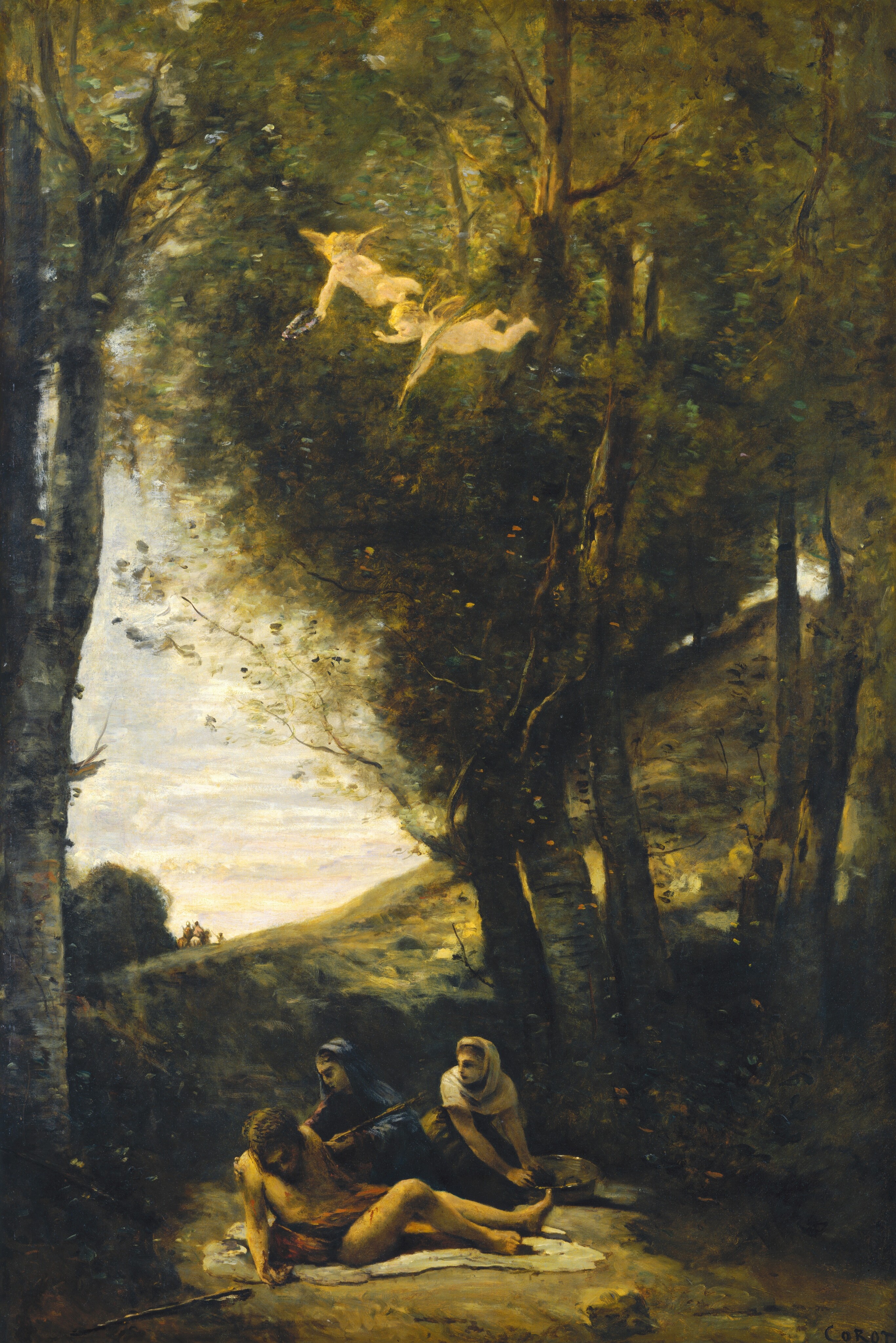 Two women tend Sebastian beneath tall forest trees as small angels appear among the branches above.