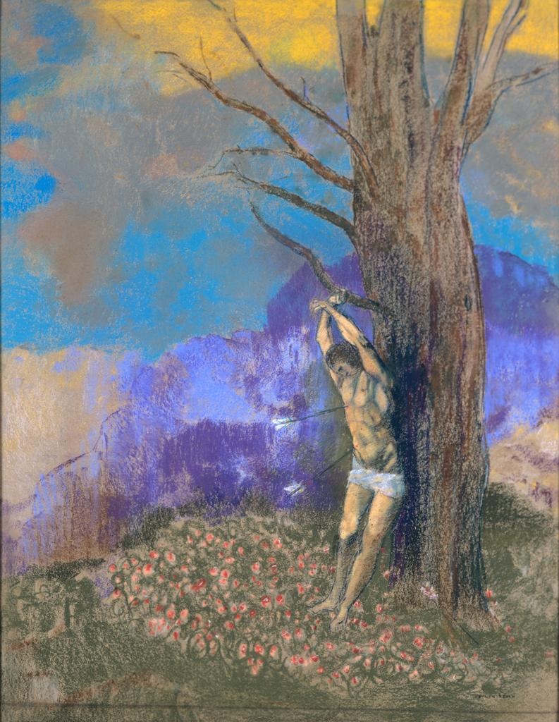 Sebastian is bound to a tall bare tree among pink flowers, violet hills and a turquoise sky streaked with golden clouds.