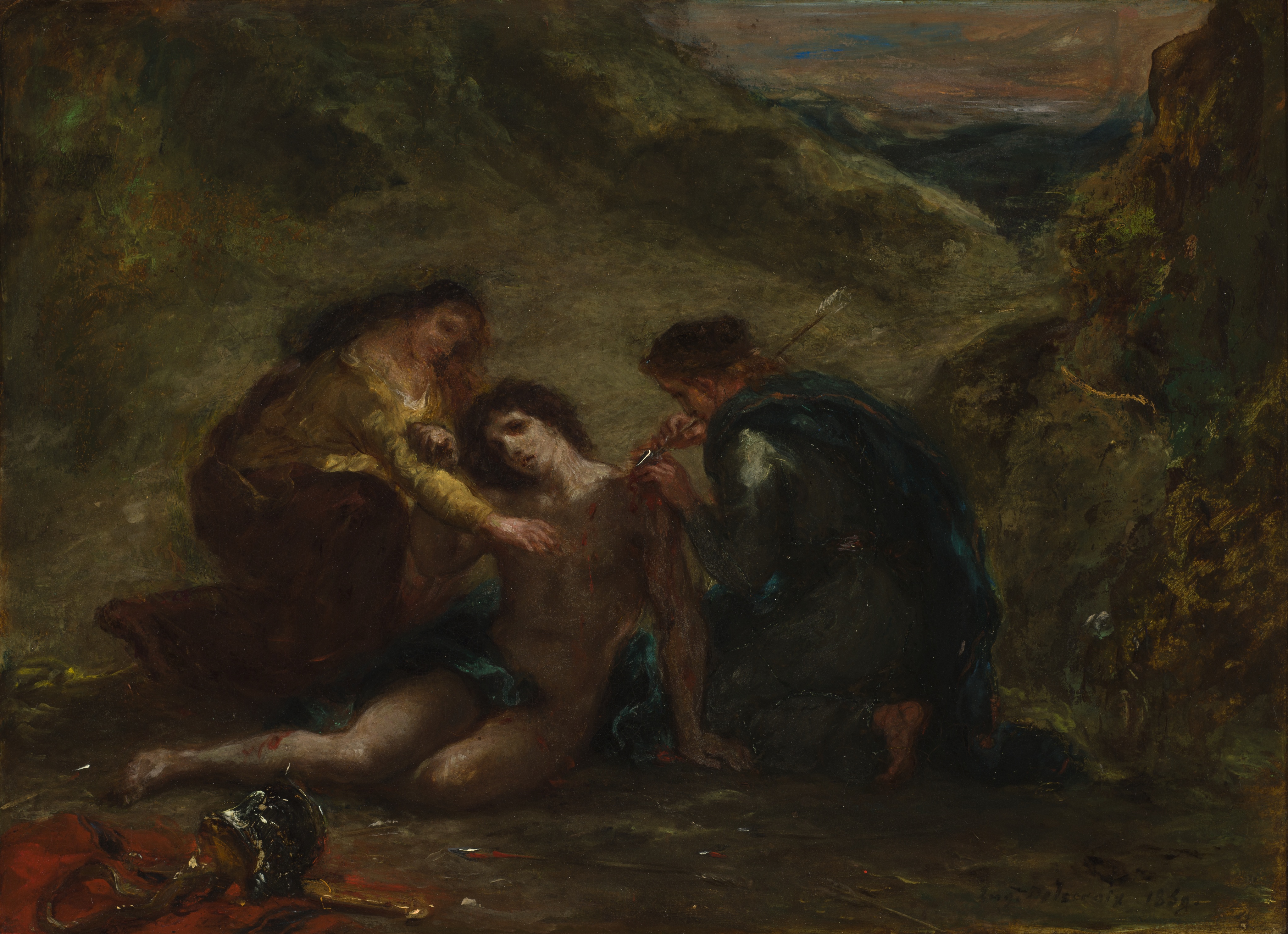 Two women bend over the wounded Sebastian on the ground beneath dark trees and a rocky landscape.