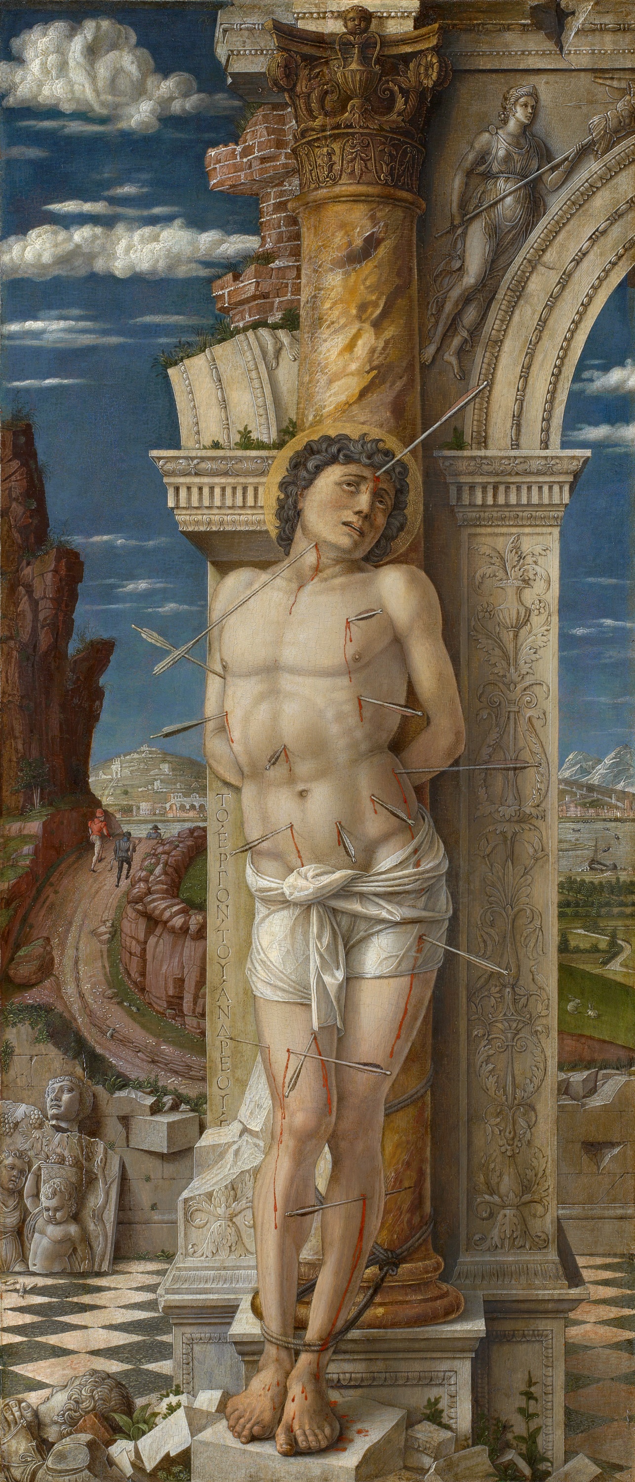 Sebastian stands bound to a carved classical column amid broken stone, with arrows piercing his body and a town in the distance.