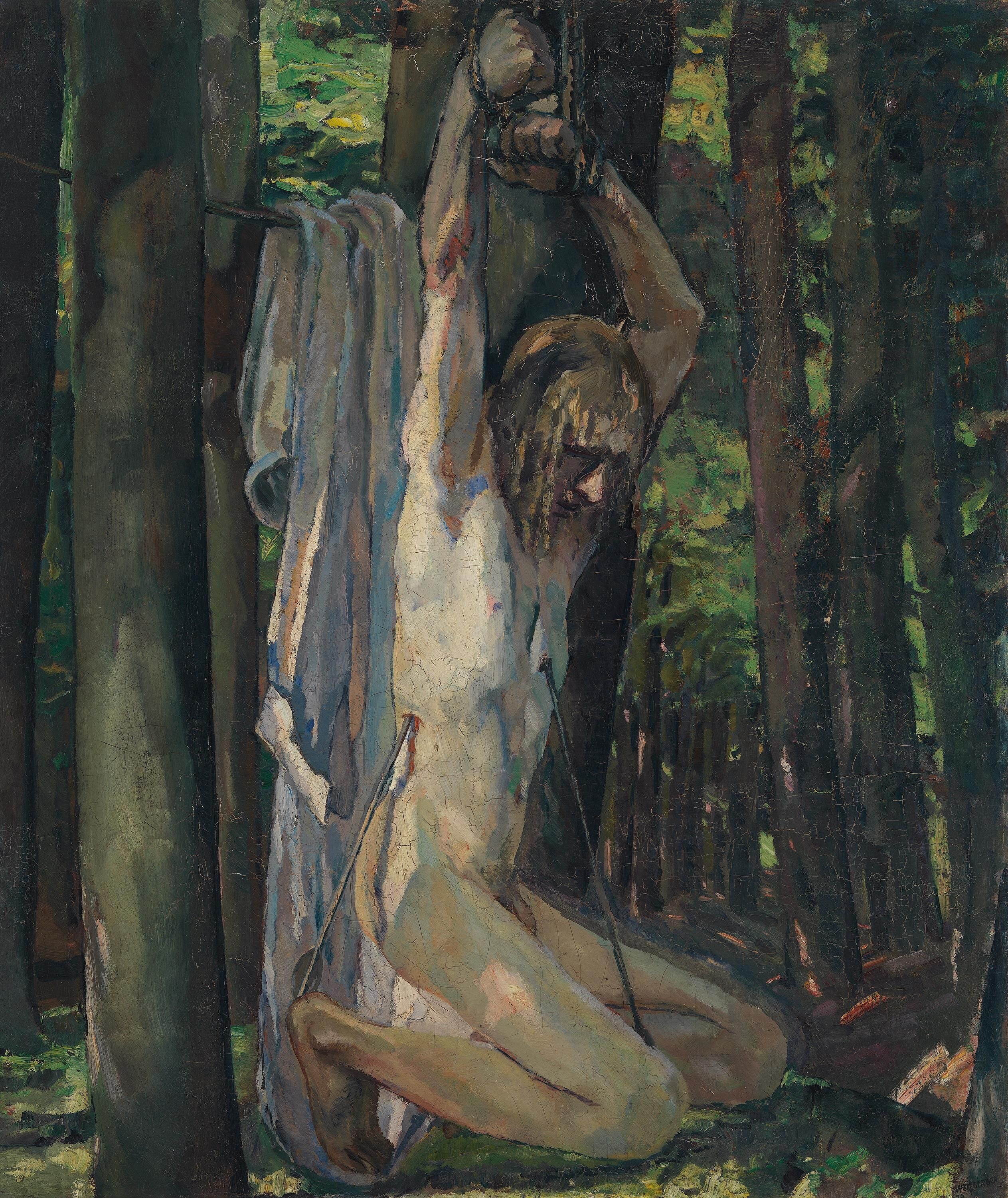 Sebastian kneels with bent legs beside a tree, his wrists bound above his bowed head, surrounded by green woodland.
