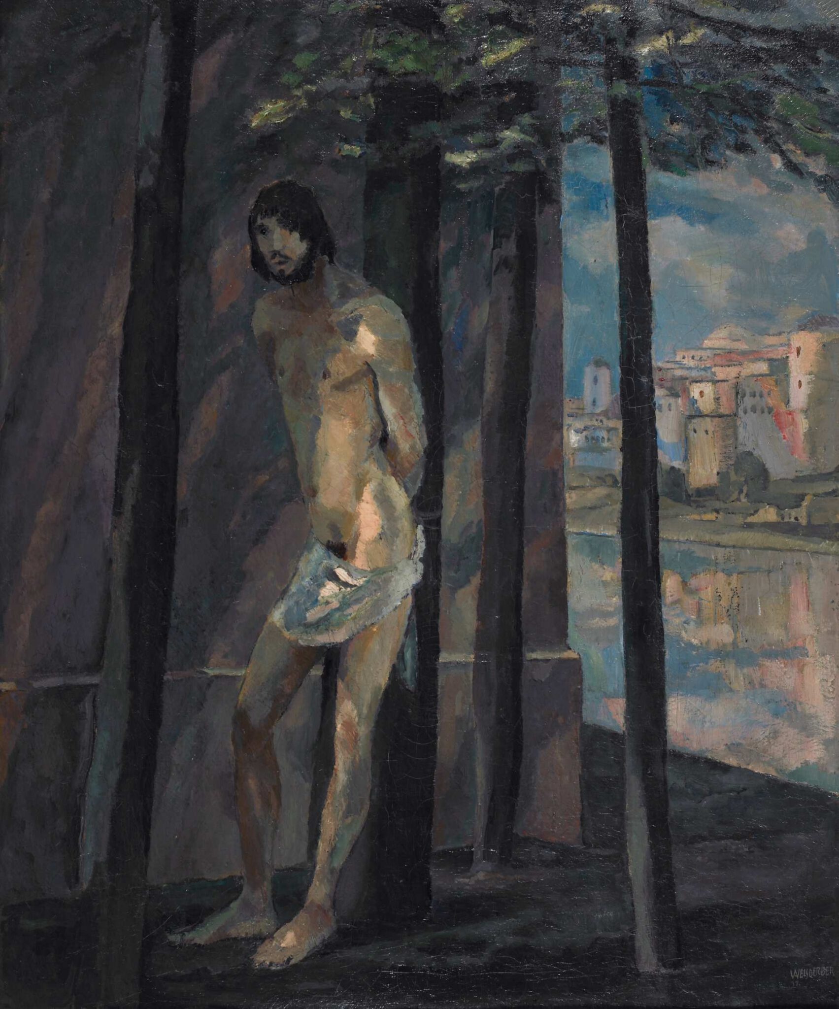 Sebastian stands in shadow against a high wall, while a sunlit town appears beyond the trees to the right.