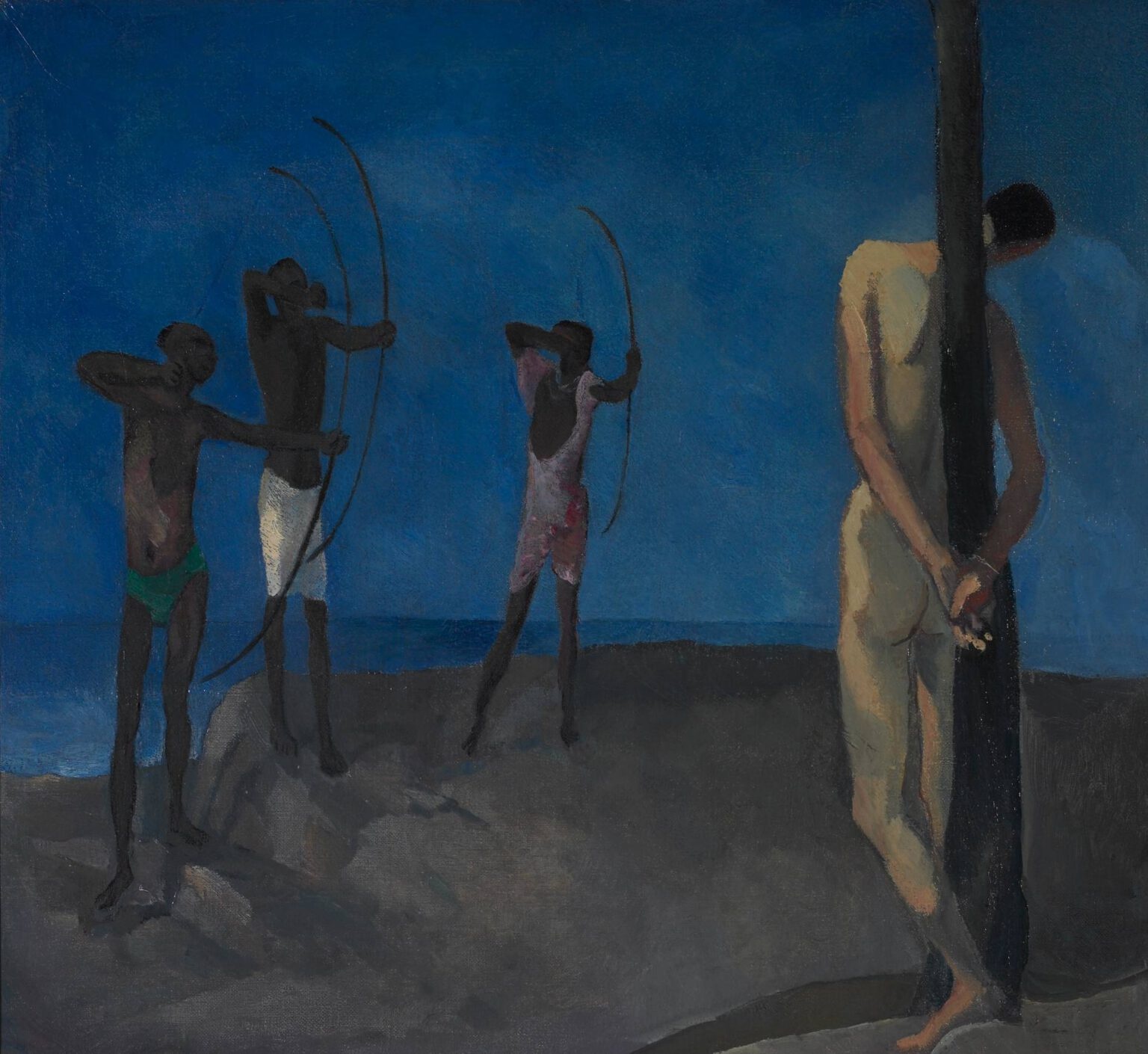 Sebastian stands with his back to the viewer and his hands bound behind a tree trunk as three archers aim their bows across a bare plateau.
