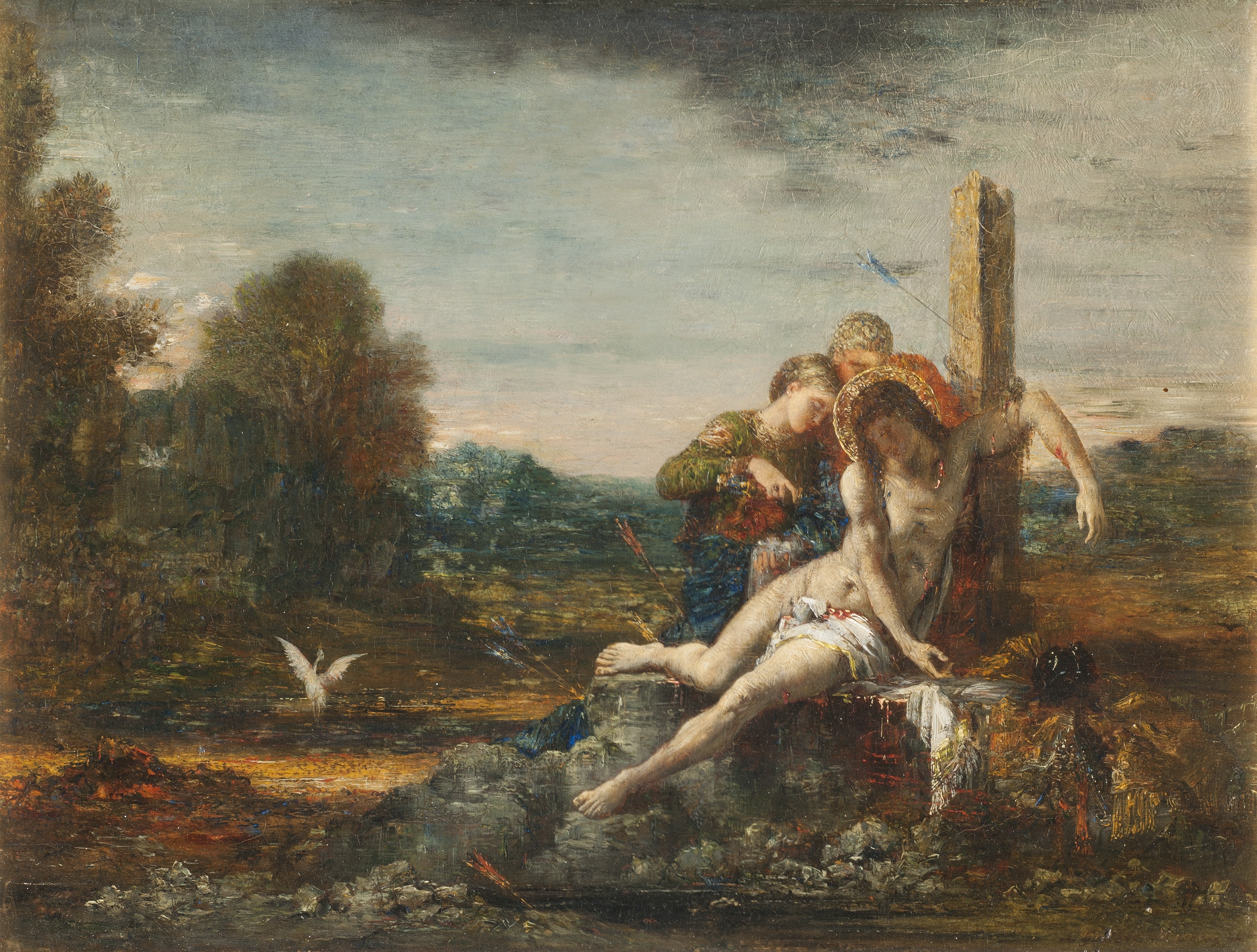 Two women tend Sebastian beside a rough stake in a wide rocky landscape, with touches of red near his body and the ground.