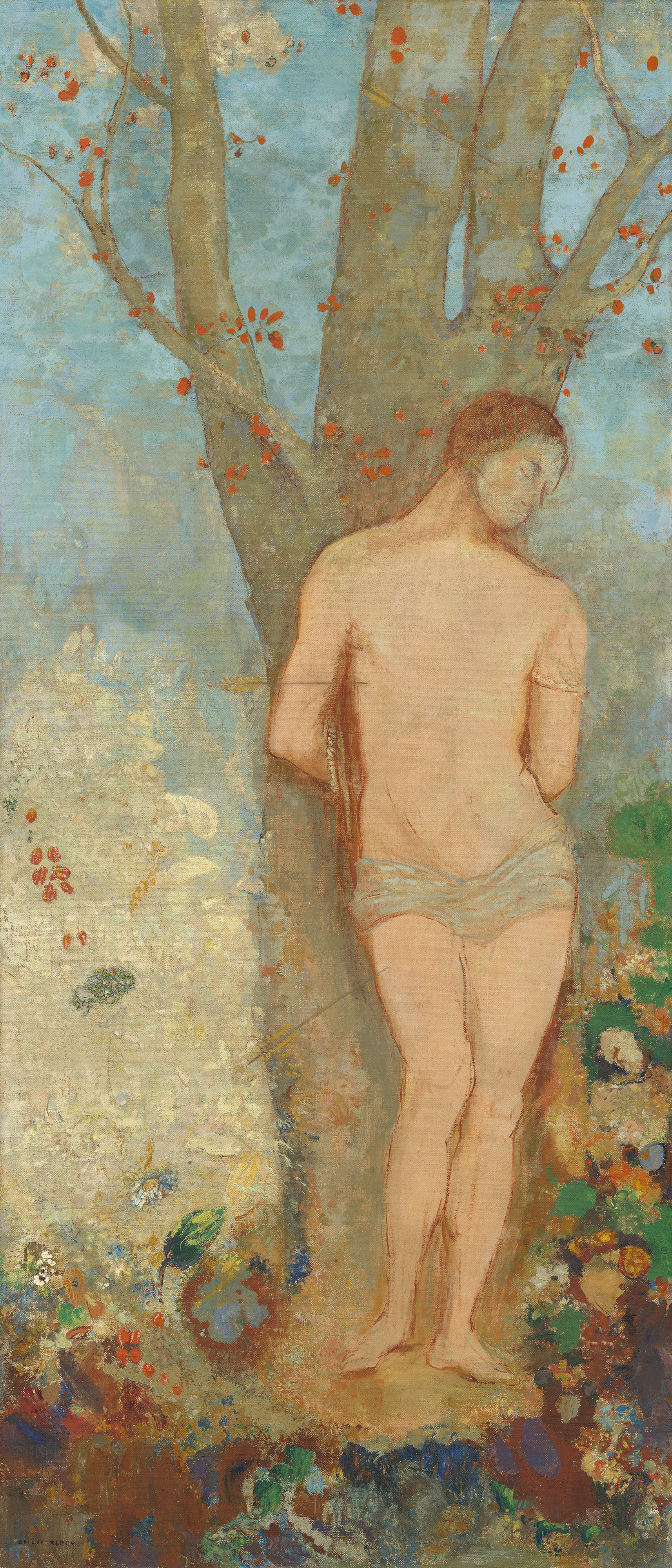 Sebastian stands against a tree with his hands behind him and arrows in his body, surrounded by pale blue and green tones and colorful flowers.